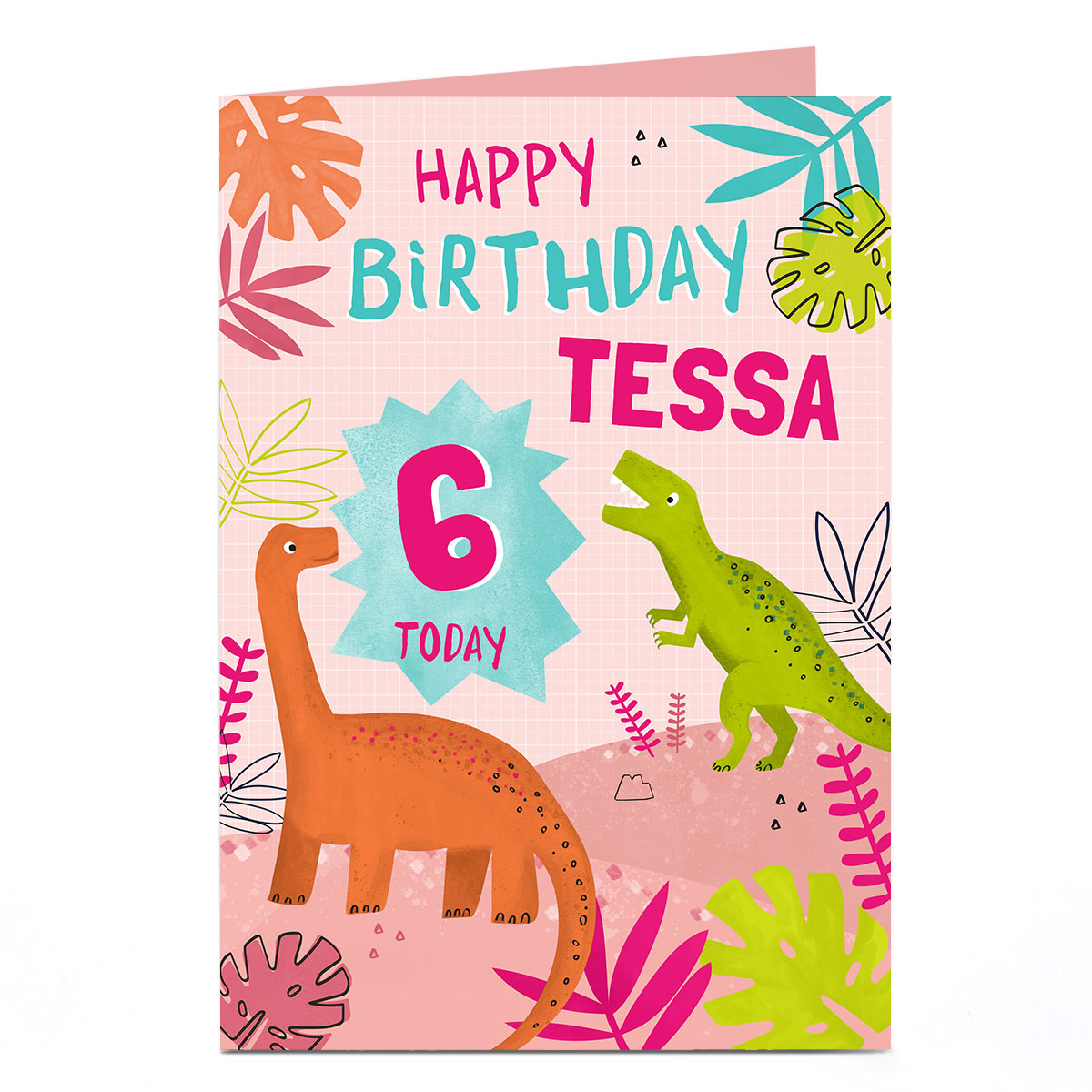 Personalised Birthday Card - Pink Dinosaur Name and Age 