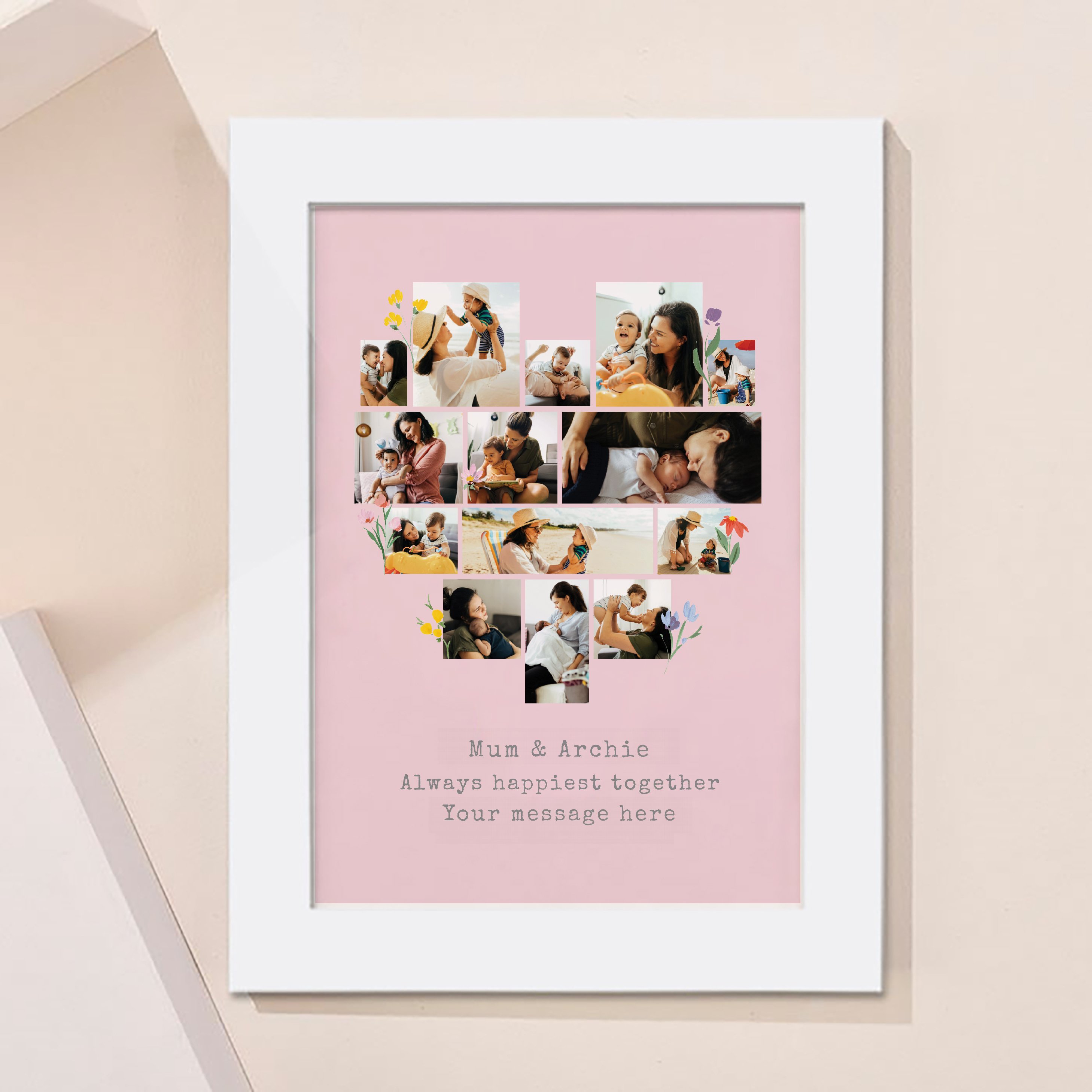 Multi Photo Framed Heart Print -  Pink with Flowers