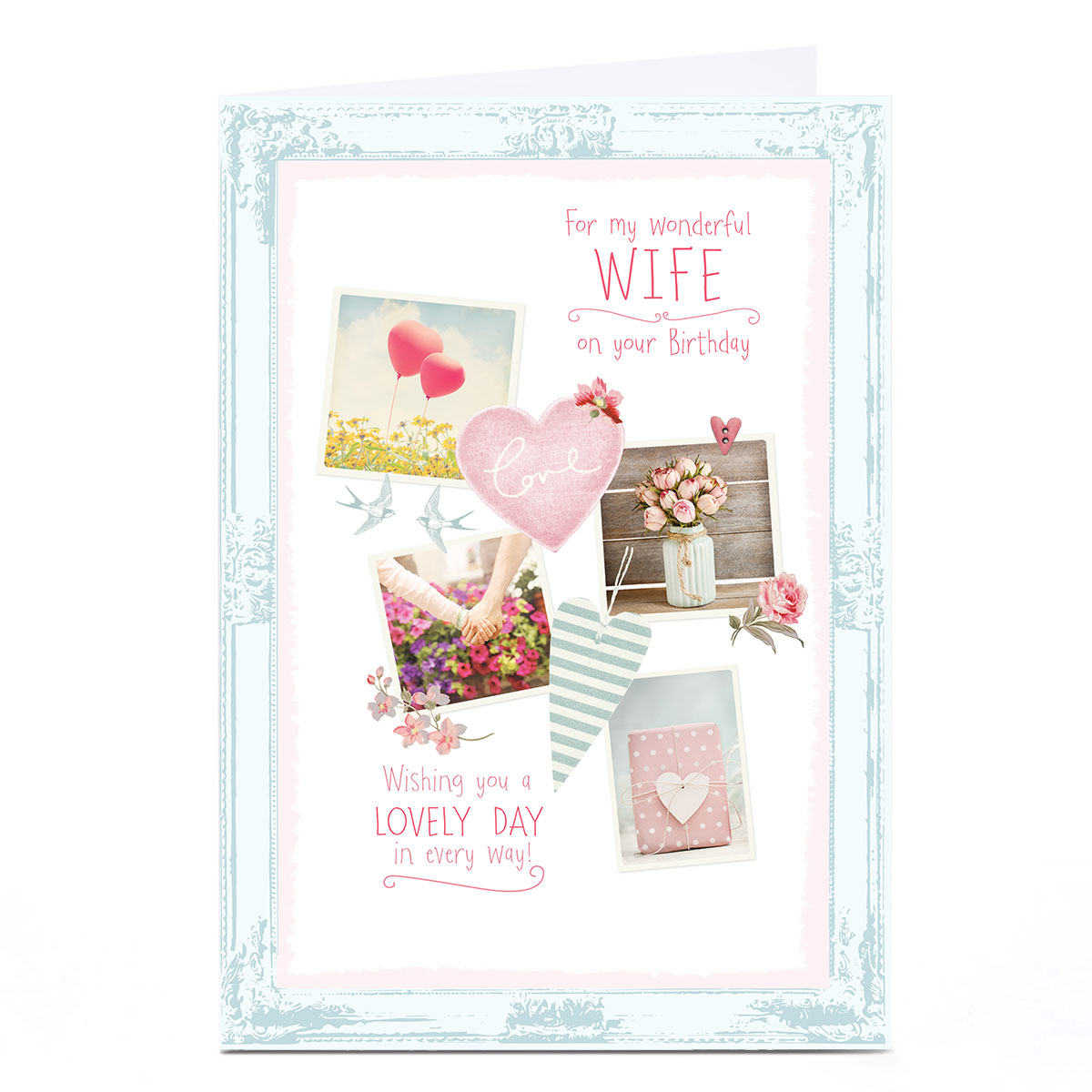 Birthday Card - Rustic Roses Balloons and Hearts, Wife