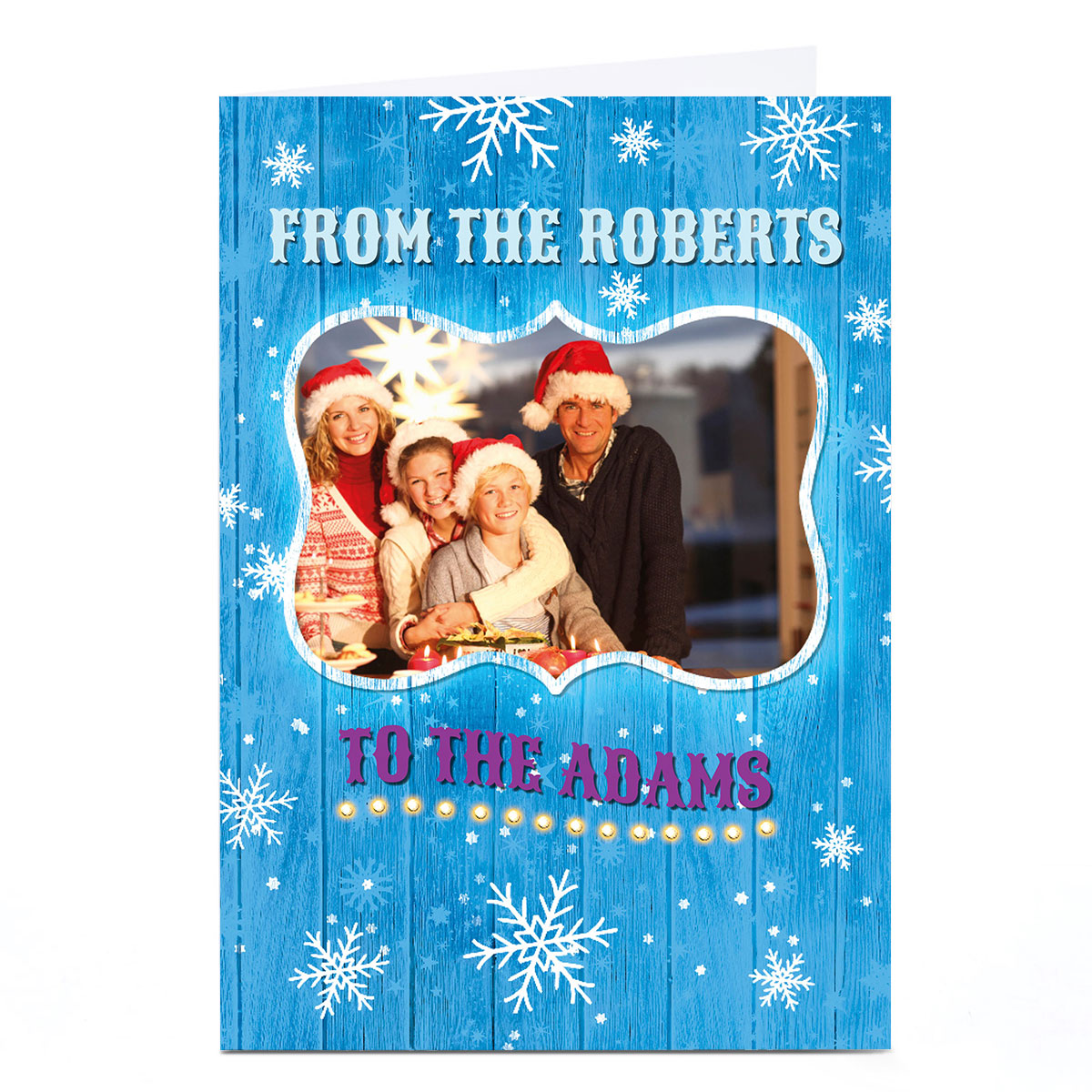 Photo Upload Christmas Card - Blue Wood With Snowflakes