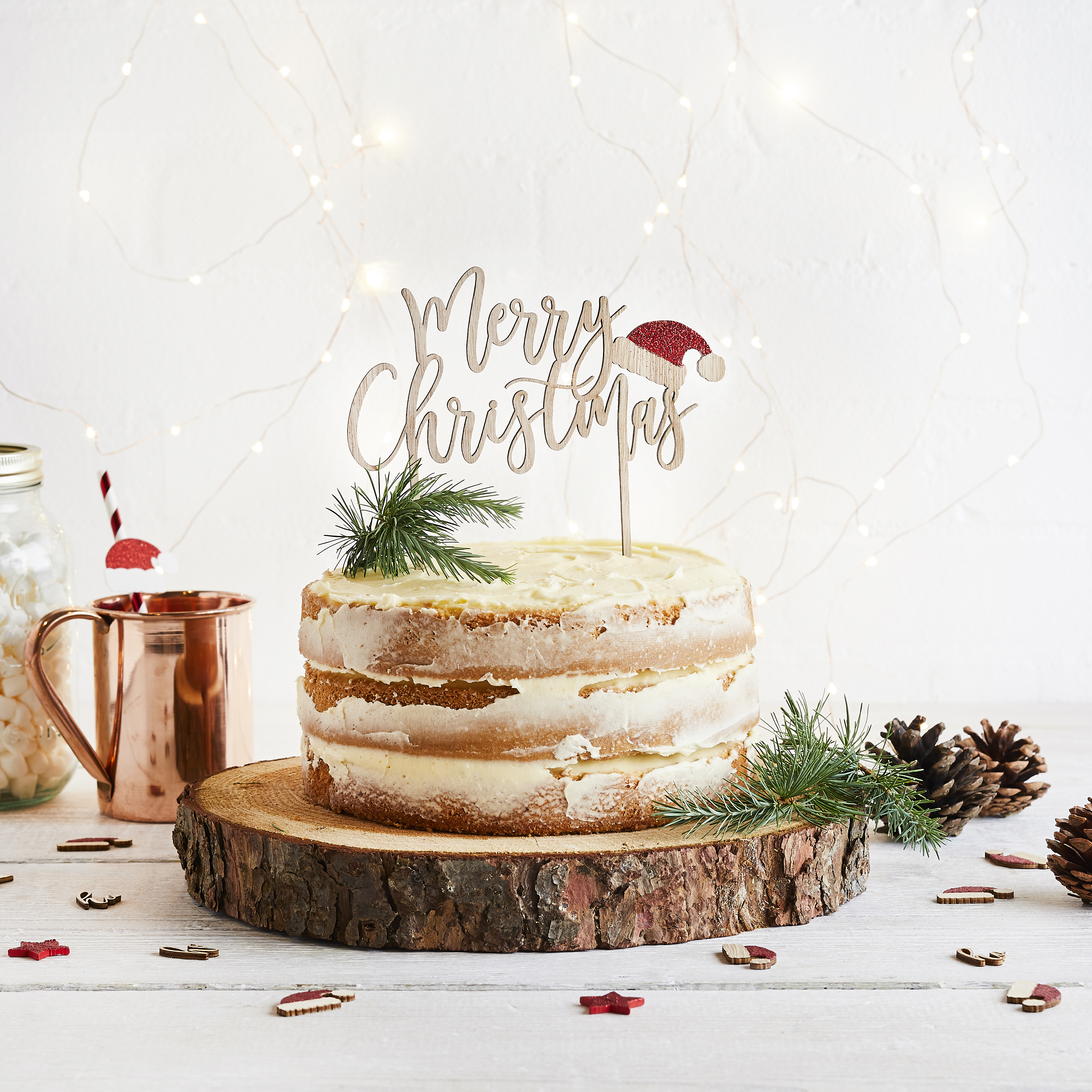 Merry Christmas Wooden Glitter Cake Topper