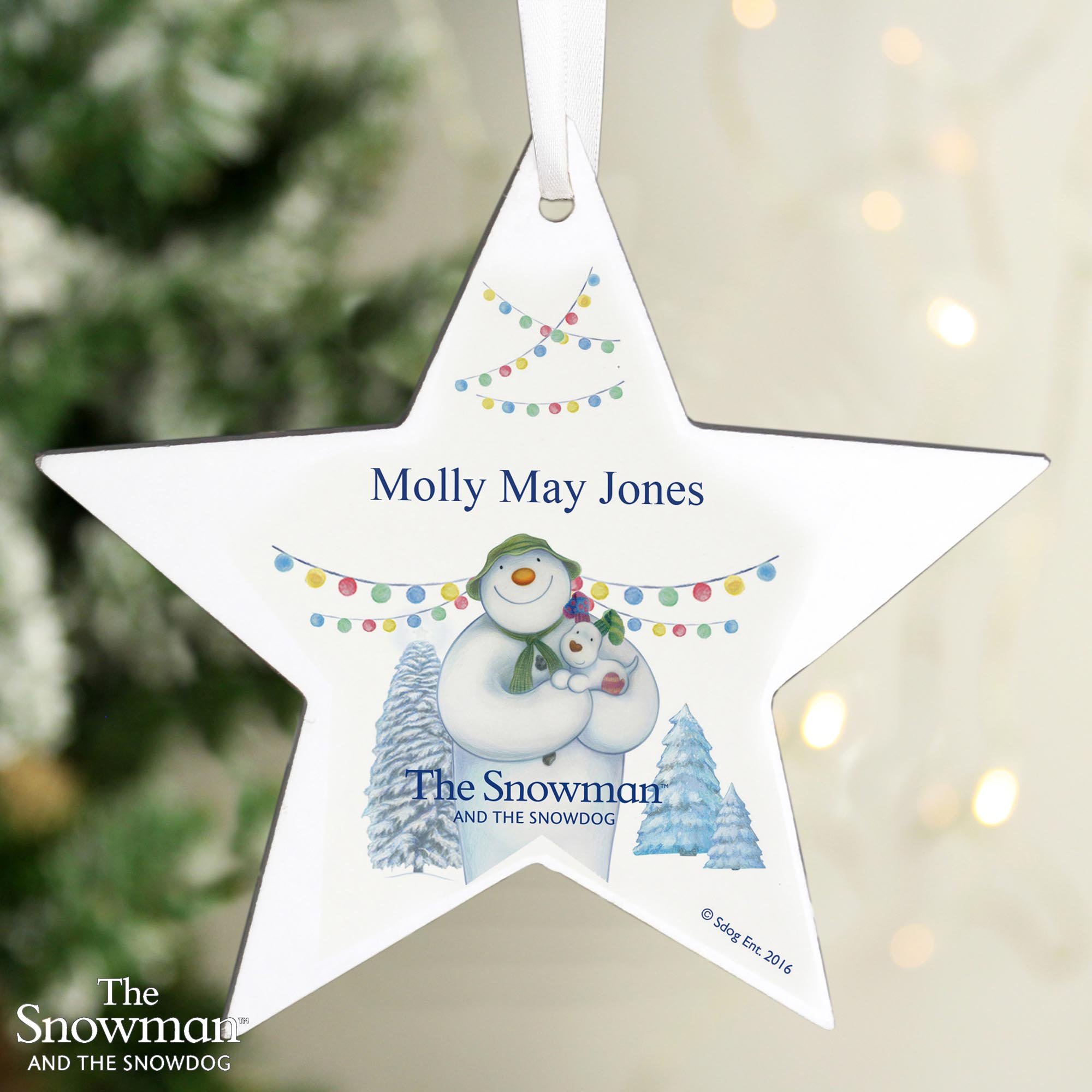Personalised The Snowman & the Snowdog Wooden Star Decoration