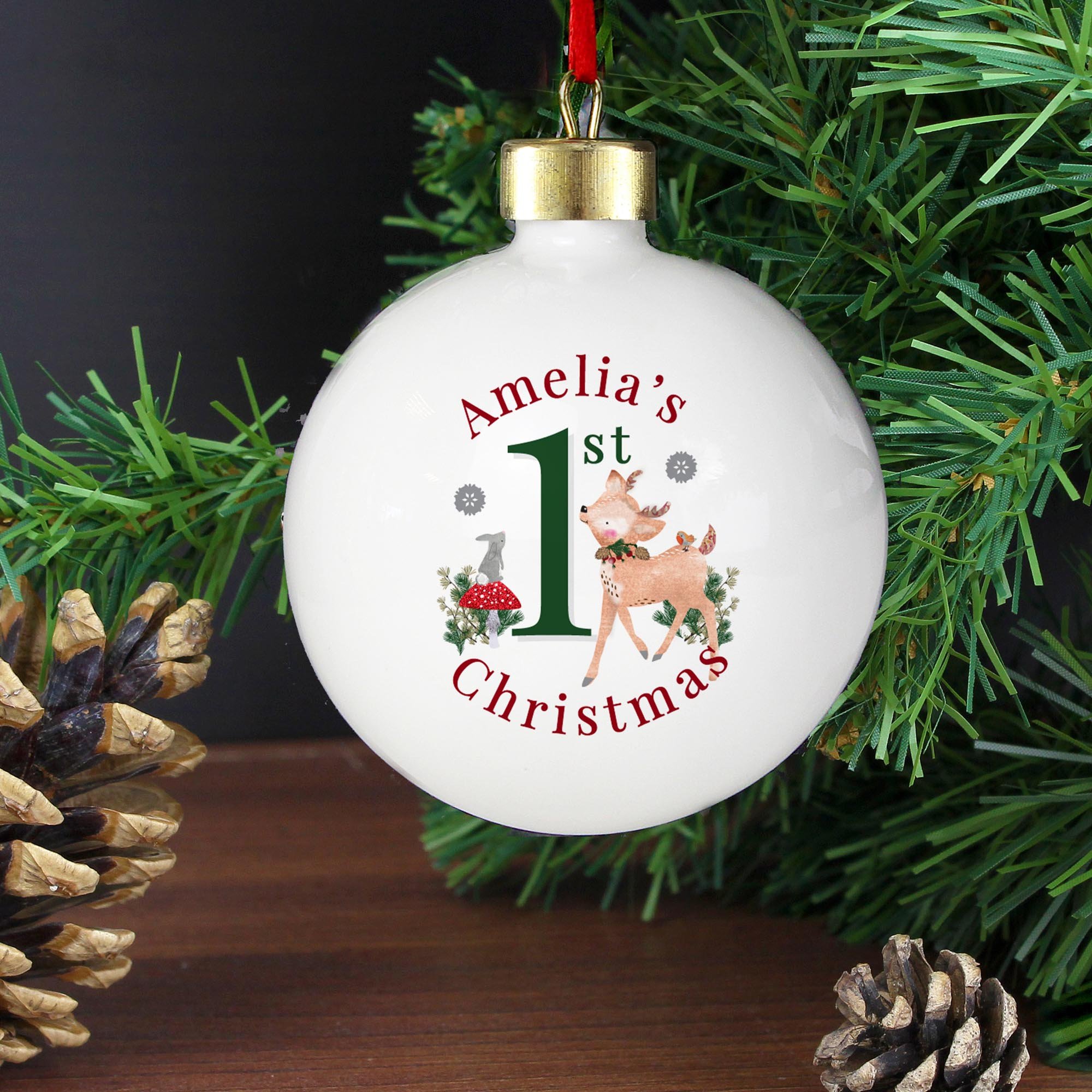 Personalised 1st Christmas Festive Fawn Bauble,  Personalised 1st Christmas Festive Fawn Bauble