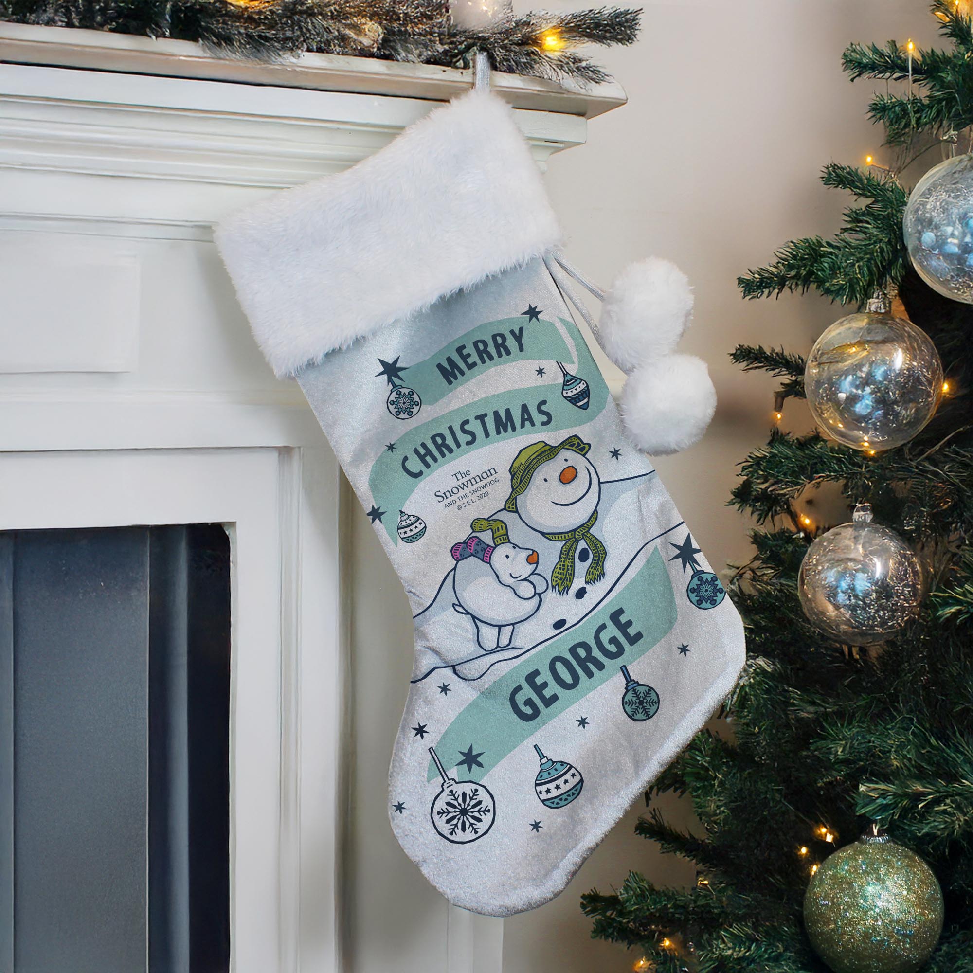 Personalised The Snowman & the Snowdog Luxury Silver Grey Stocking
