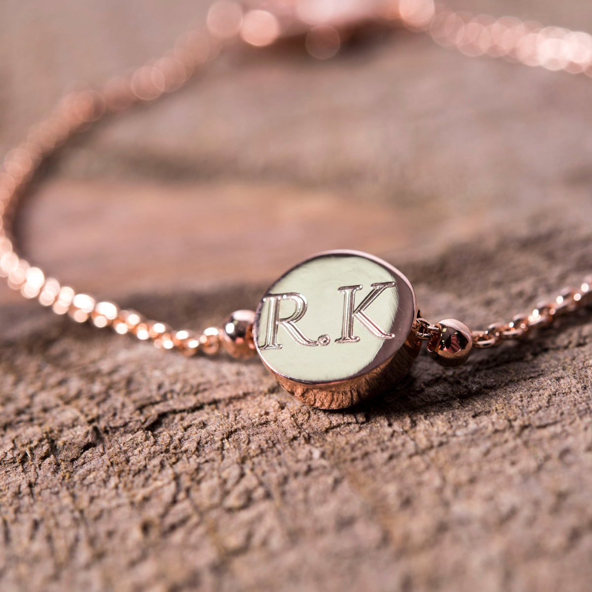 Personalised Engraved Rose Gold Bracelet With Circular Pendant