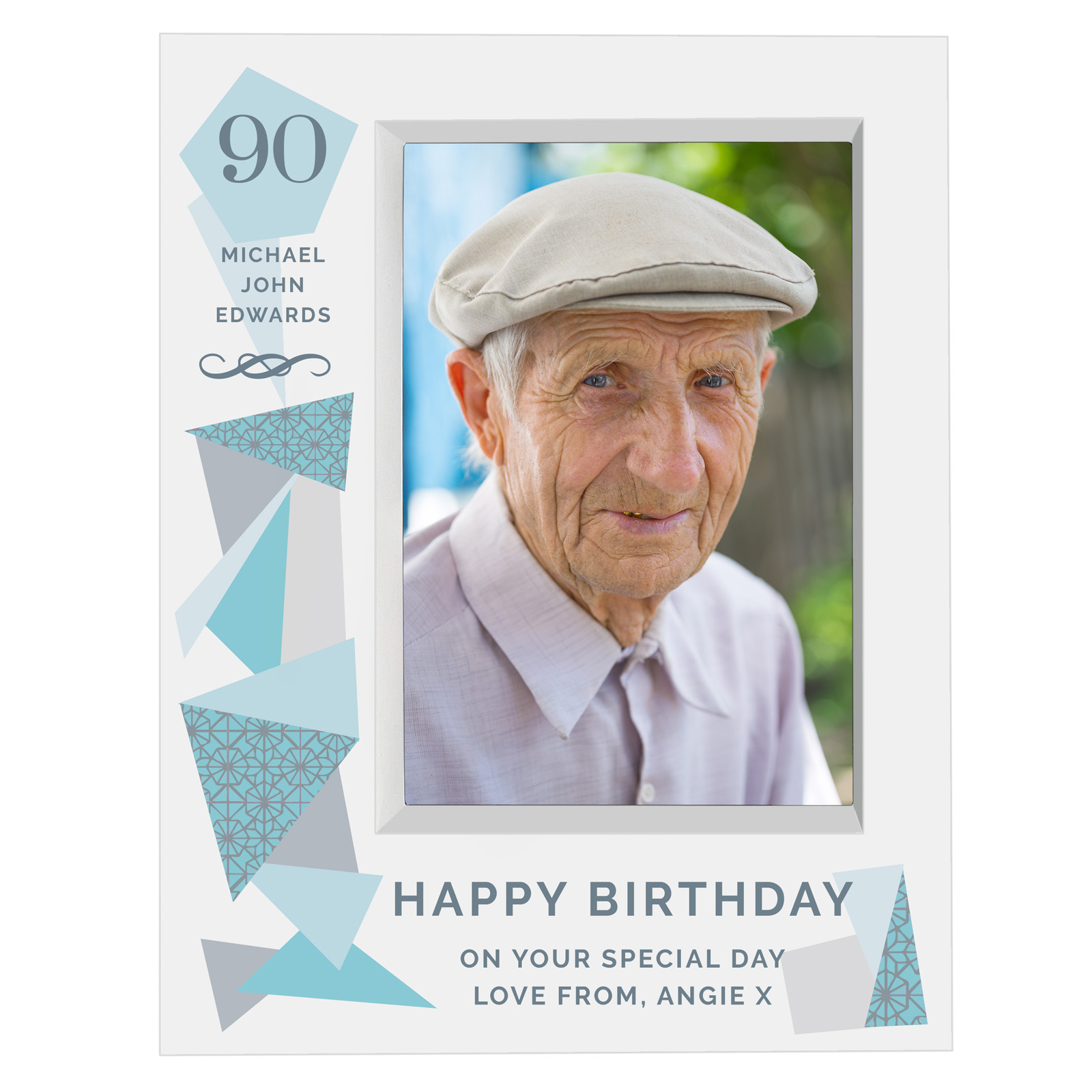 Personalised 90th Geometric Birthday Box Frame - Geometric Blue 