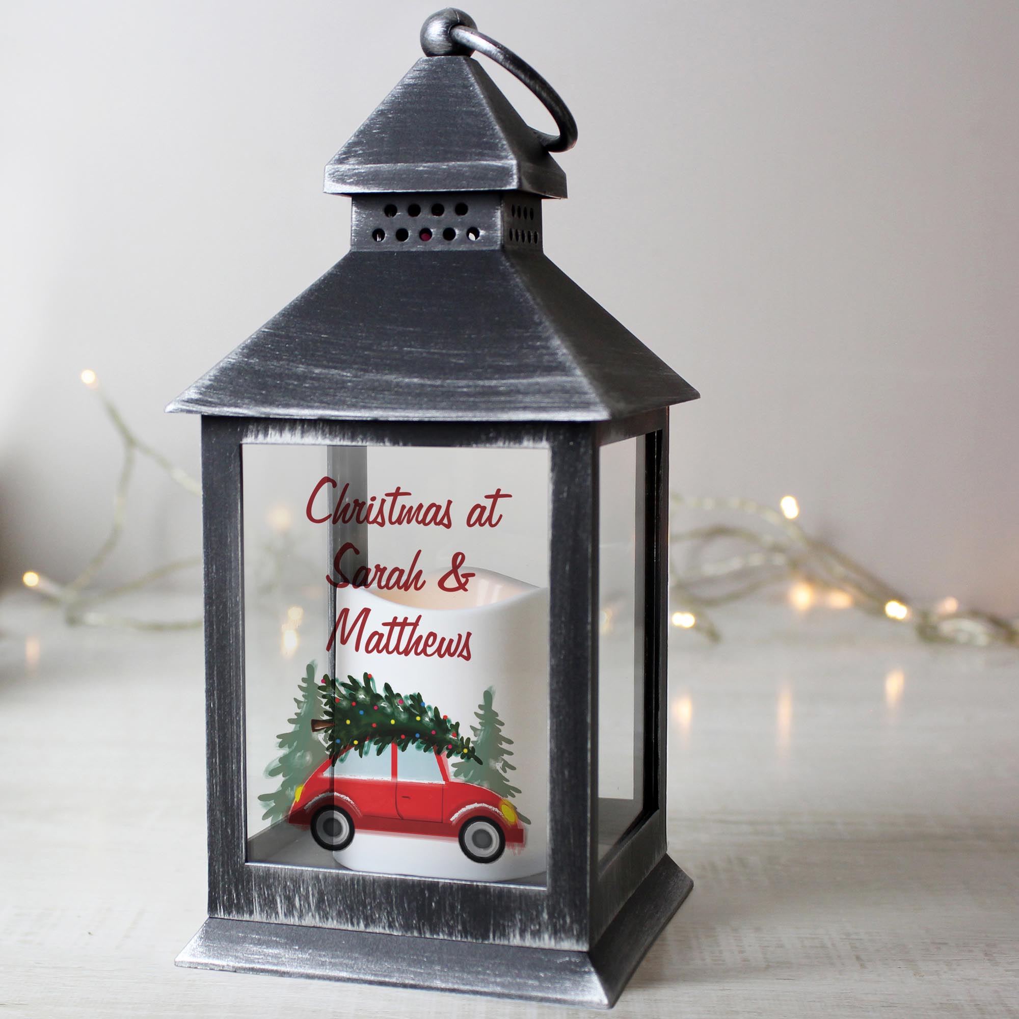 Personalised 'Driving Home For Christmas' Rustic Black Lantern,  Personalised 'Driving Home For Christmas' Rustic Black Lantern