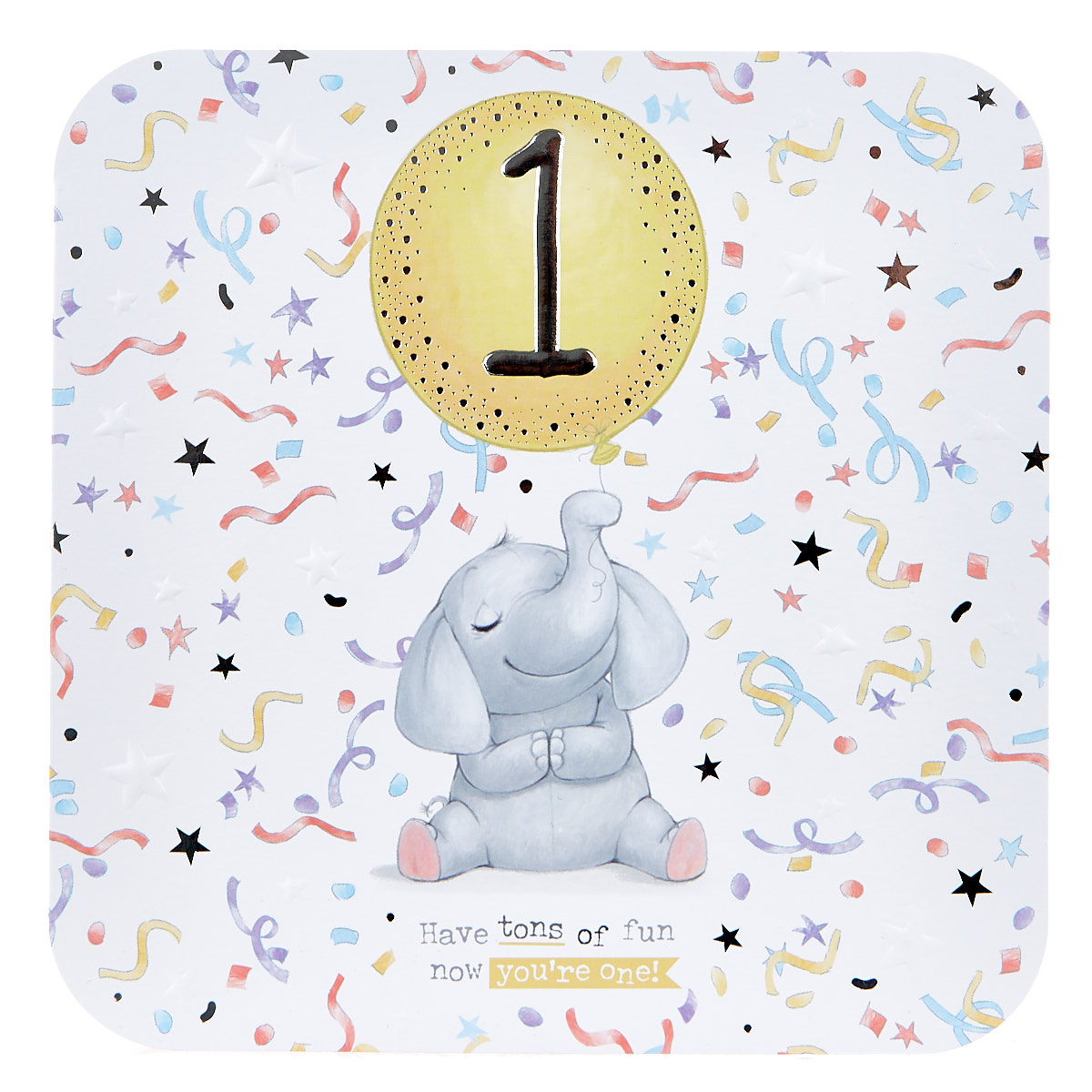 Platinum Collection 1st Birthday Card - Elephant With Balloon