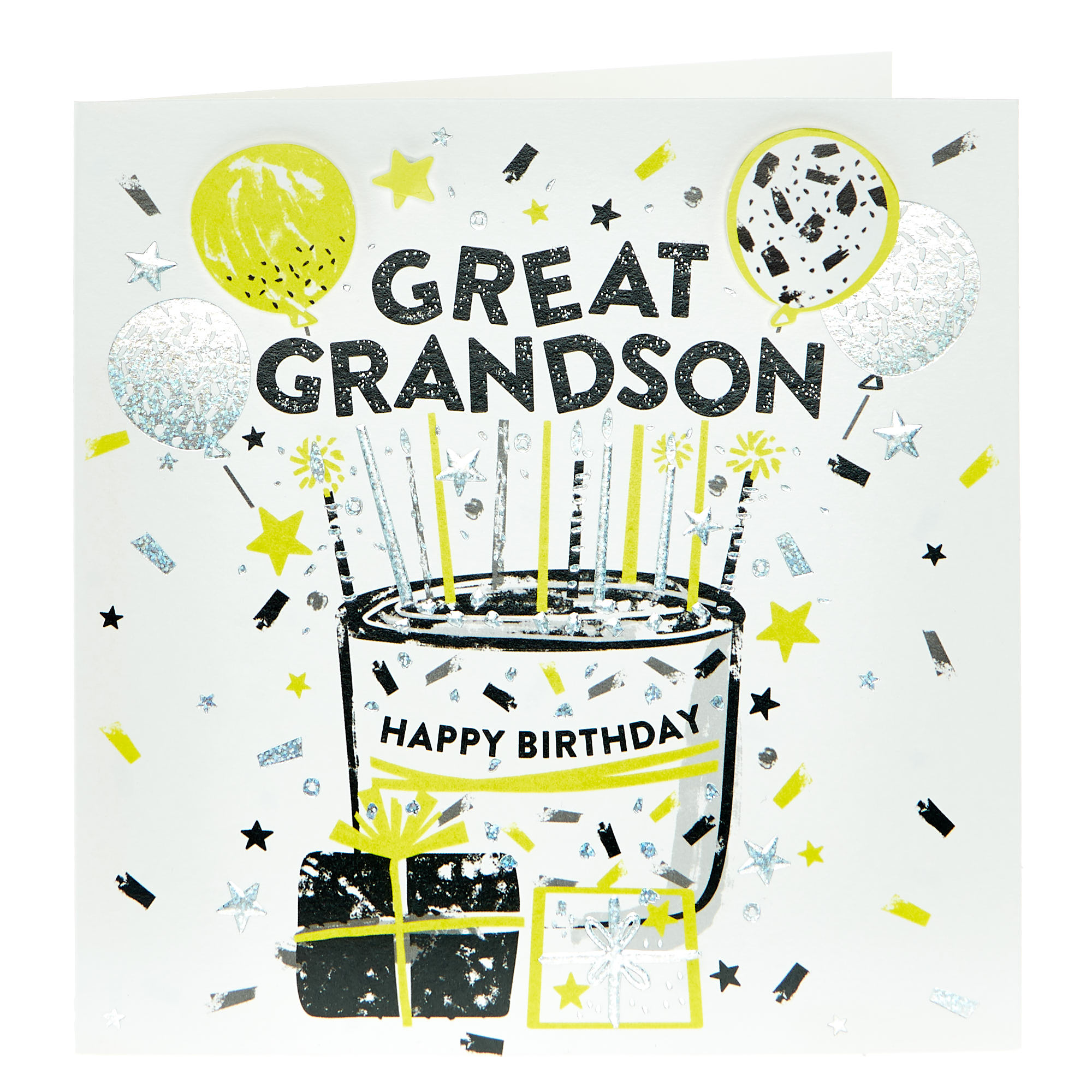 Great Grandson Black & Yellow Balloons Birthday Card