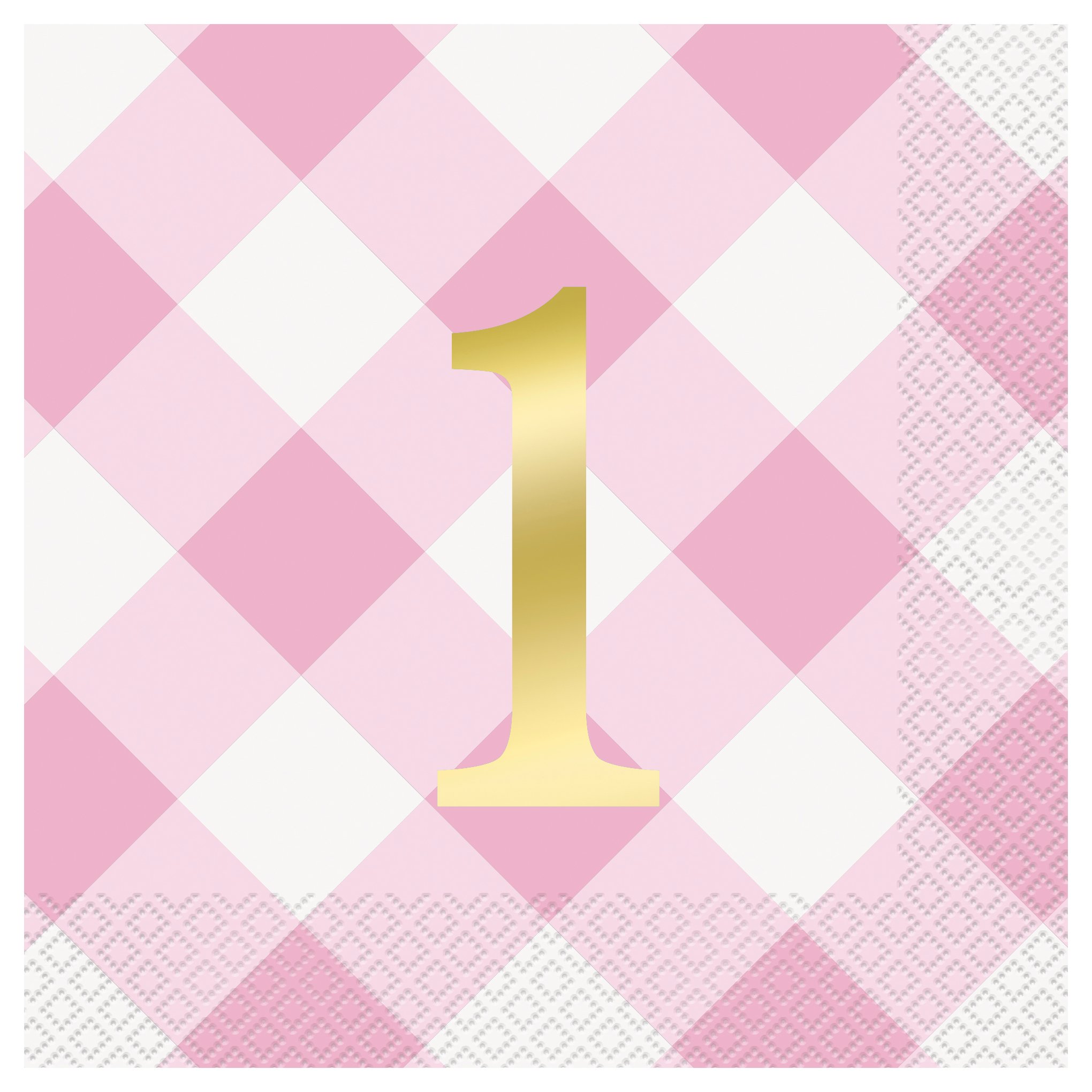 Pink Gingham 1st Birthday Party Tableware & Decorations Bundle - 16 Guests