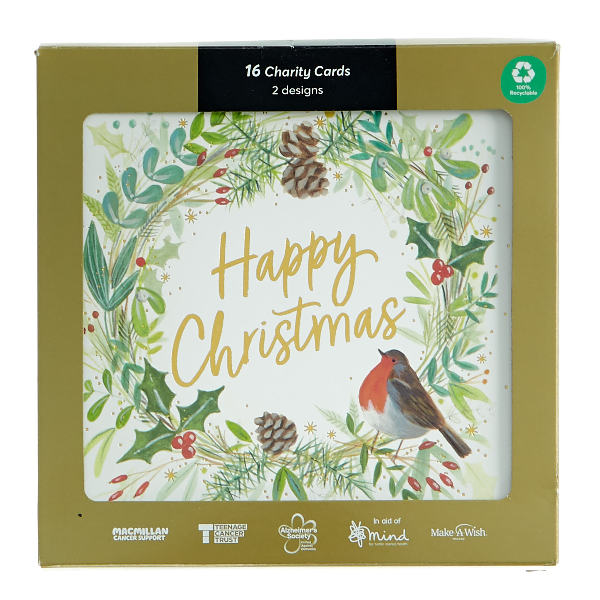 16 Charity Christmas Cards - Robin & Wreath (2 Designs)