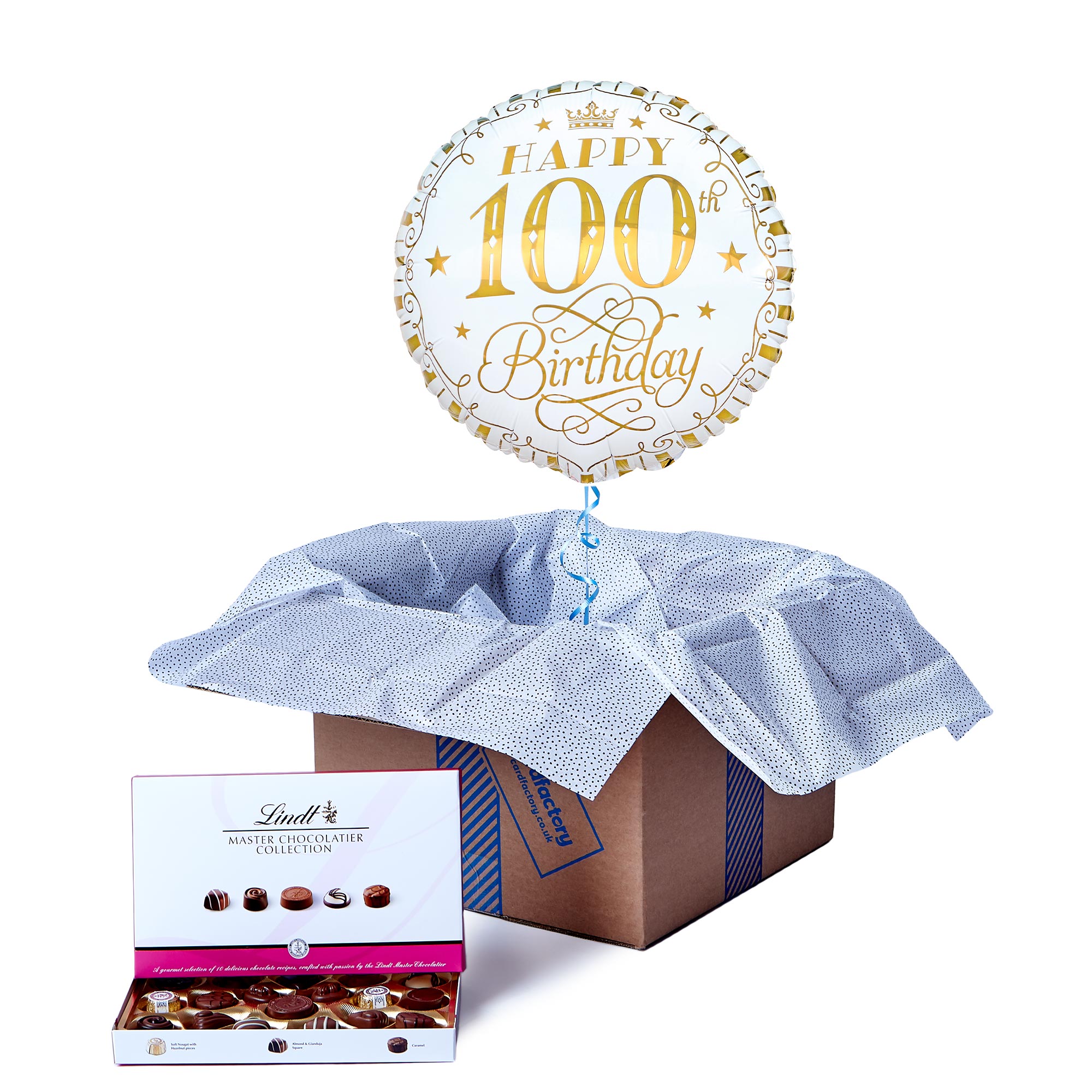 White & Gold 100th Birthday Balloon & Lindt Chocolates - FREE GIFT CARD!
