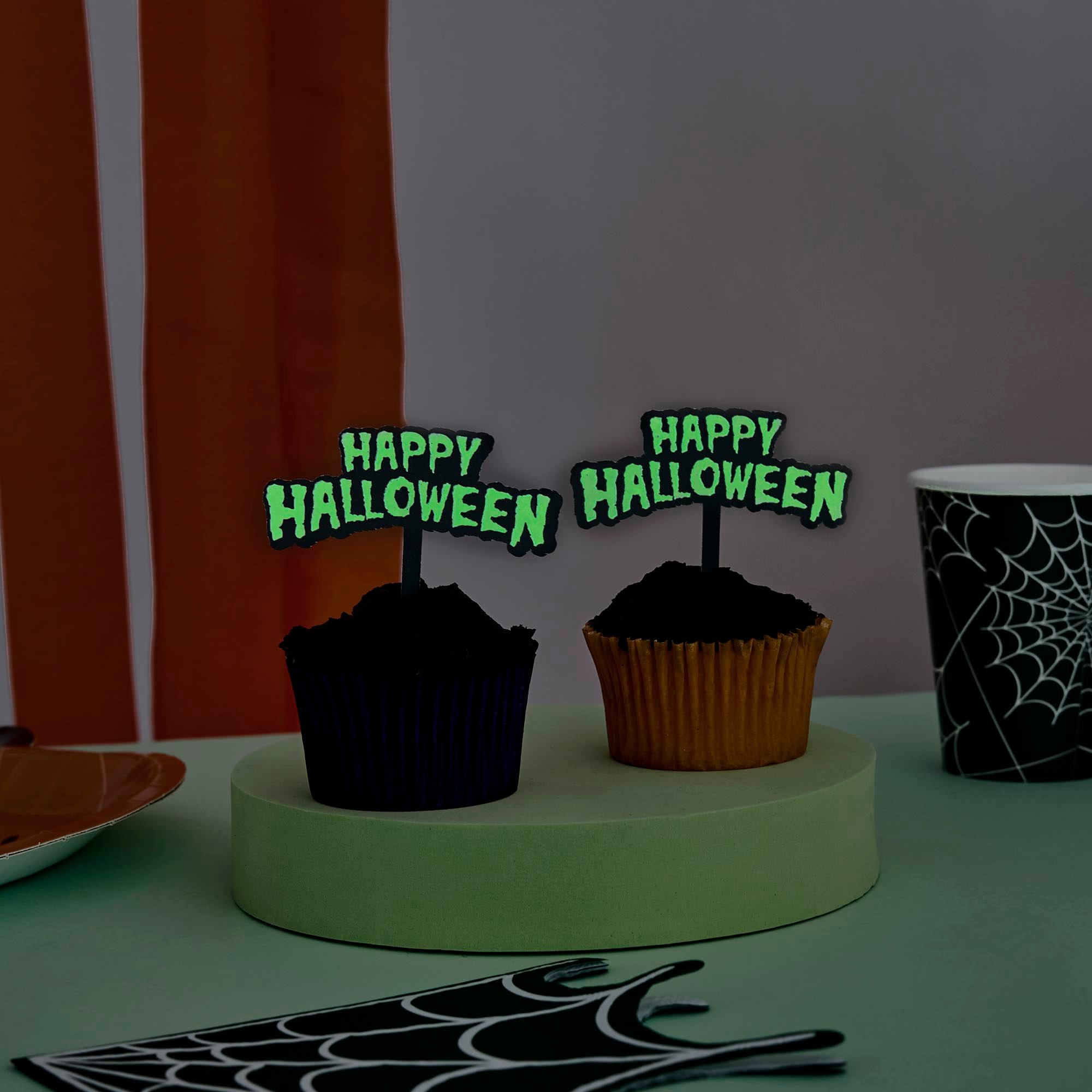 Glow In The Dark Happy Halloween Food Picks - Pack of 12
