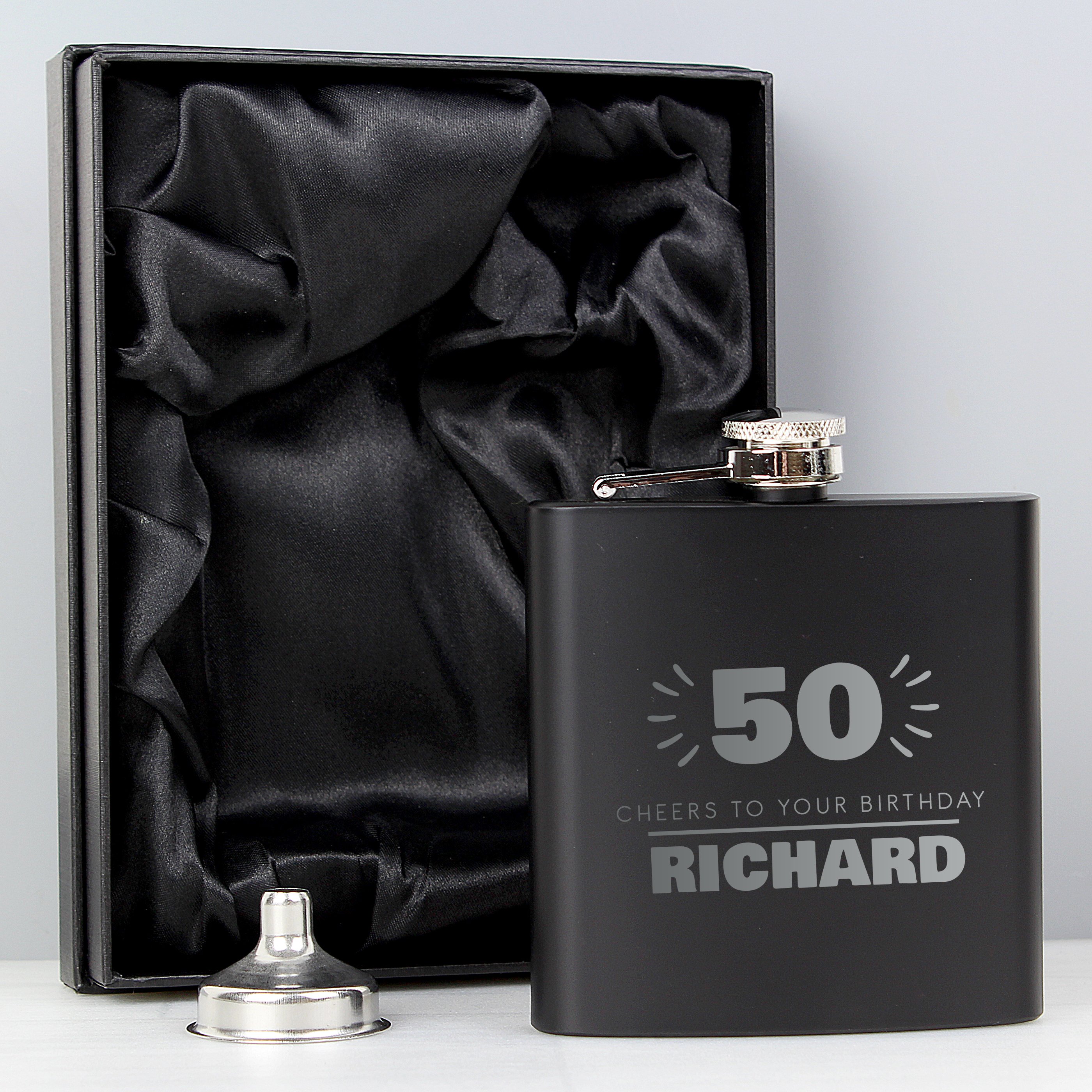 Personalised 80th Birthday Hip Flask - Black & Silver 