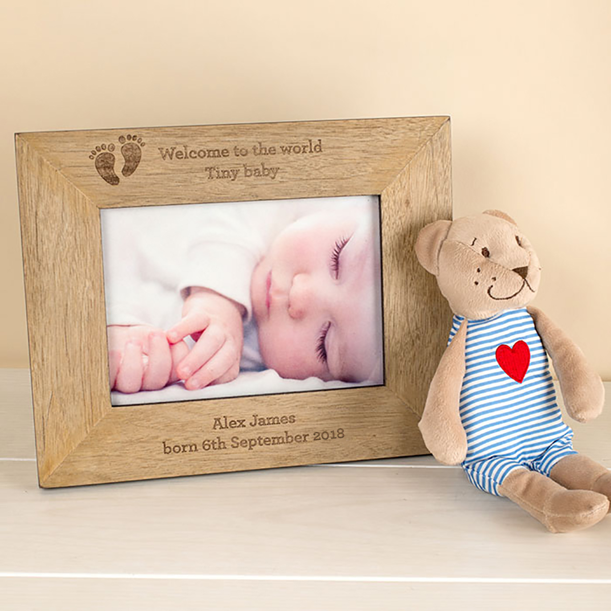 Personalised Engraved Wooden Photo Frame - Baby's Footprints