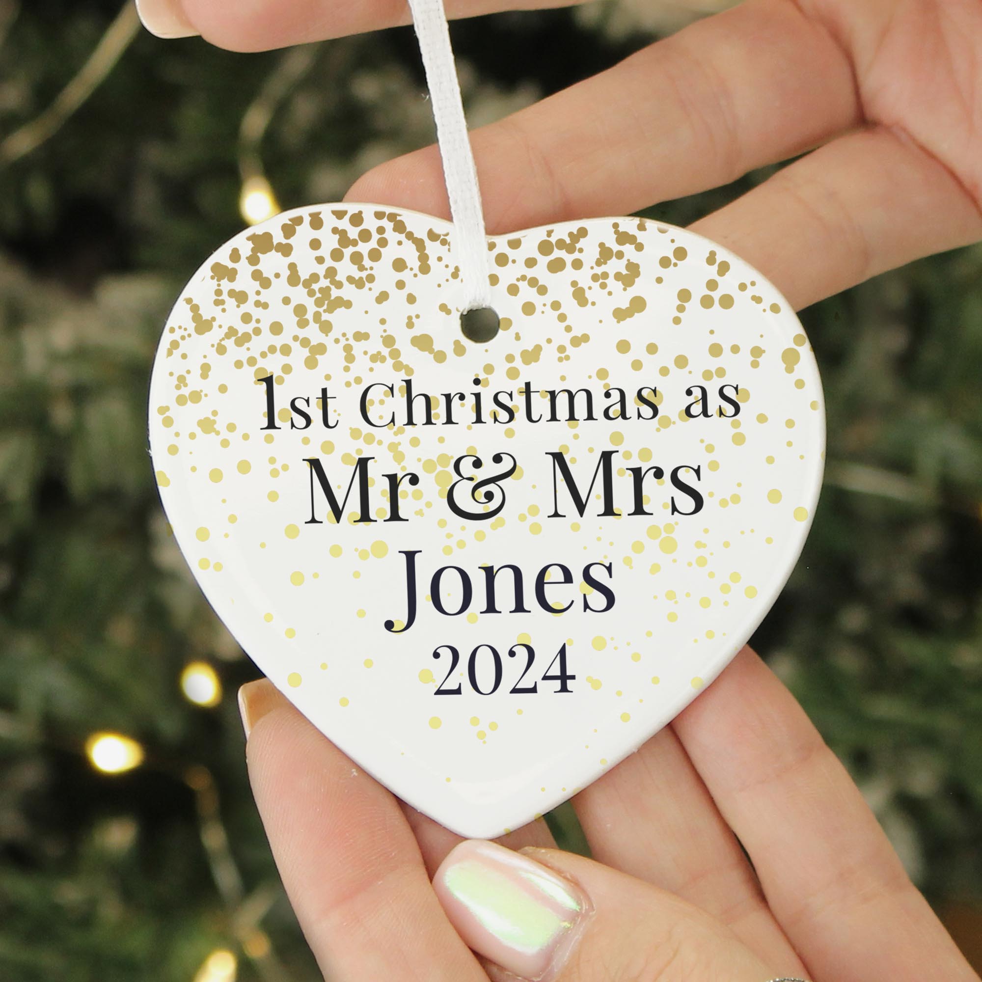 Personalised Mr & Mrs 1st Christmas Ceramic Heart Decoration