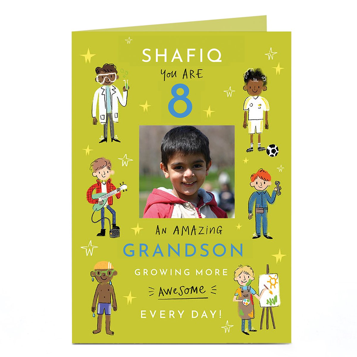 Photo Birthday Card - Multi Character Grandson, Editable Age