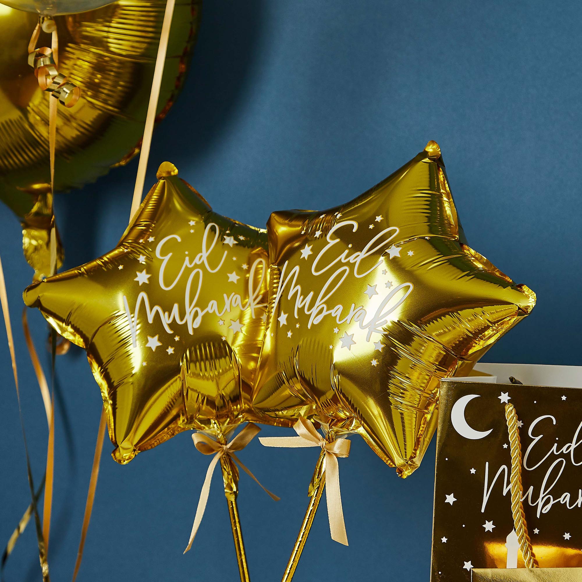 Gold Eid Mubarak Mini Star 9-Inch Foil Balloon Wands - Pack of 5