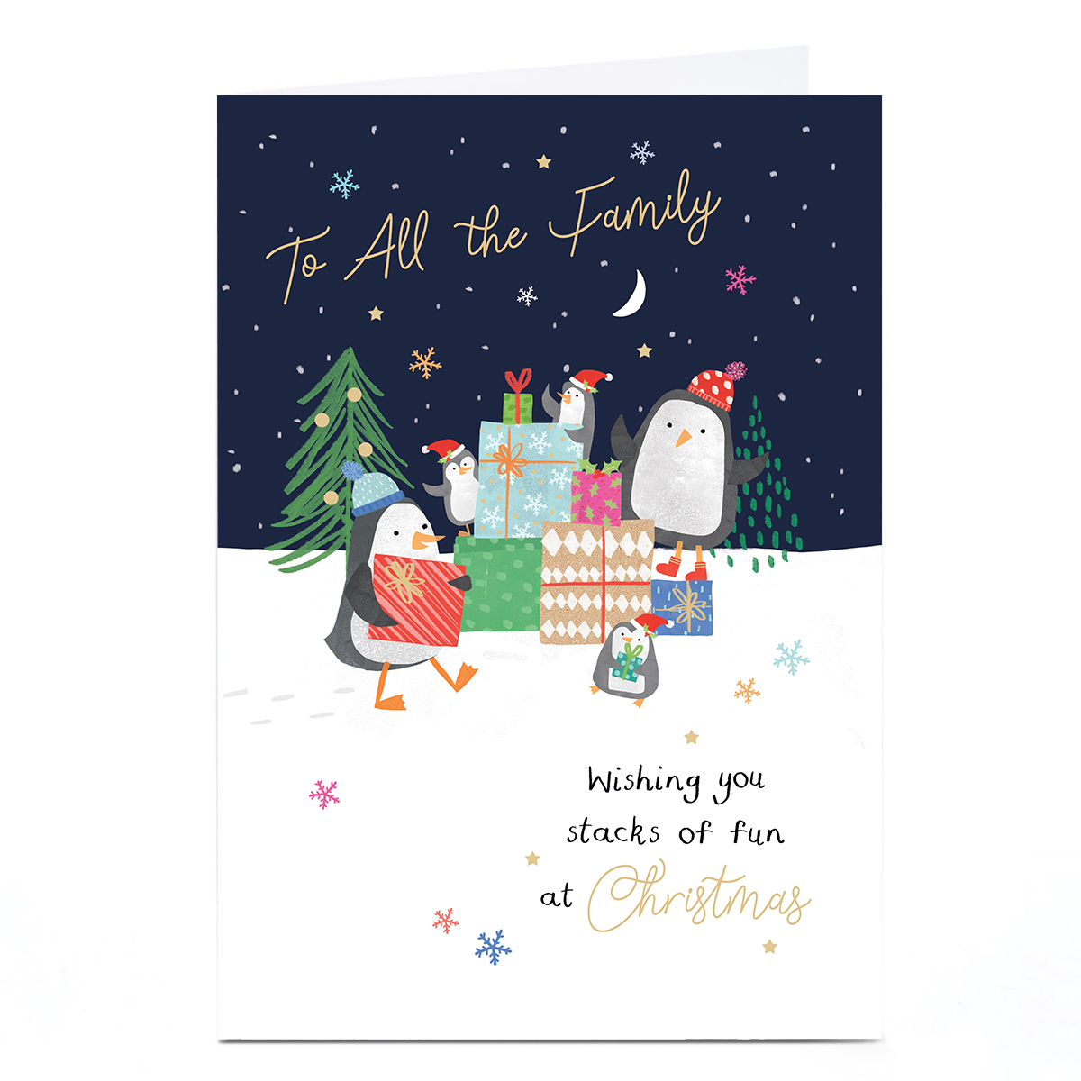 Personalised Christmas Card - Penguins with Presents, To All the Family