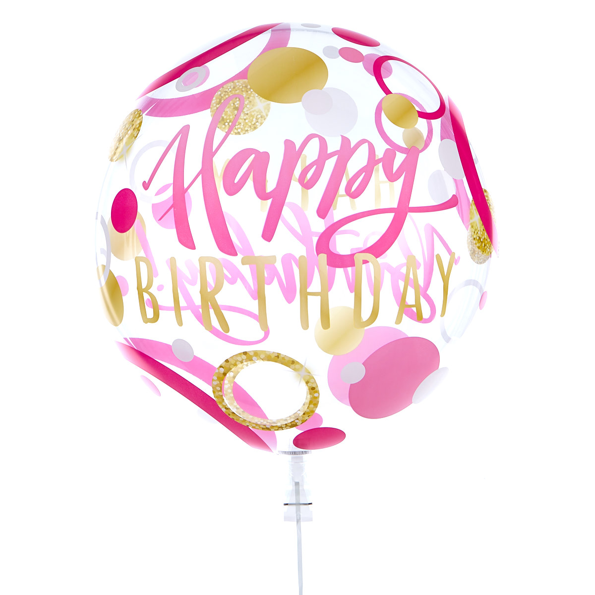 22-Inch Bubble Balloon - Happy Birthday, Pink & Gold Spots - DELIVERED INFLATED!