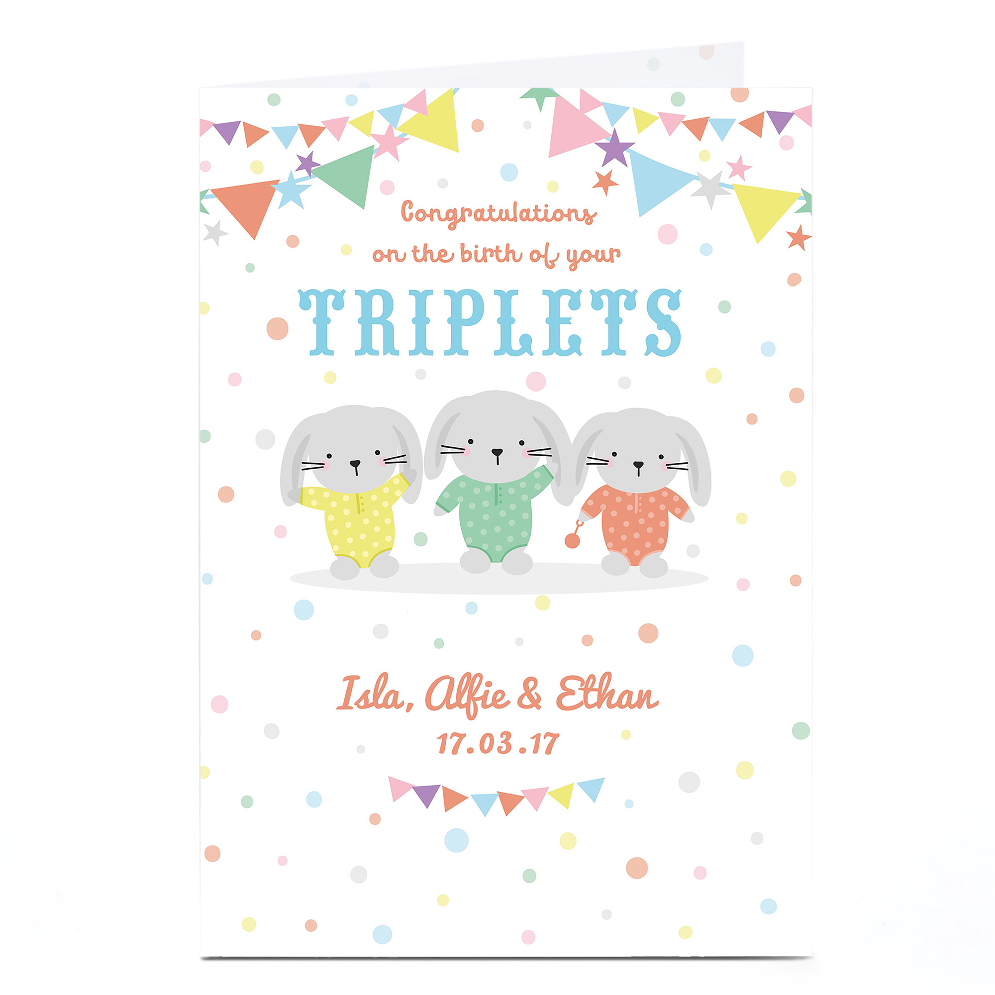 Personalised New Baby Card - Triplet Bunnies