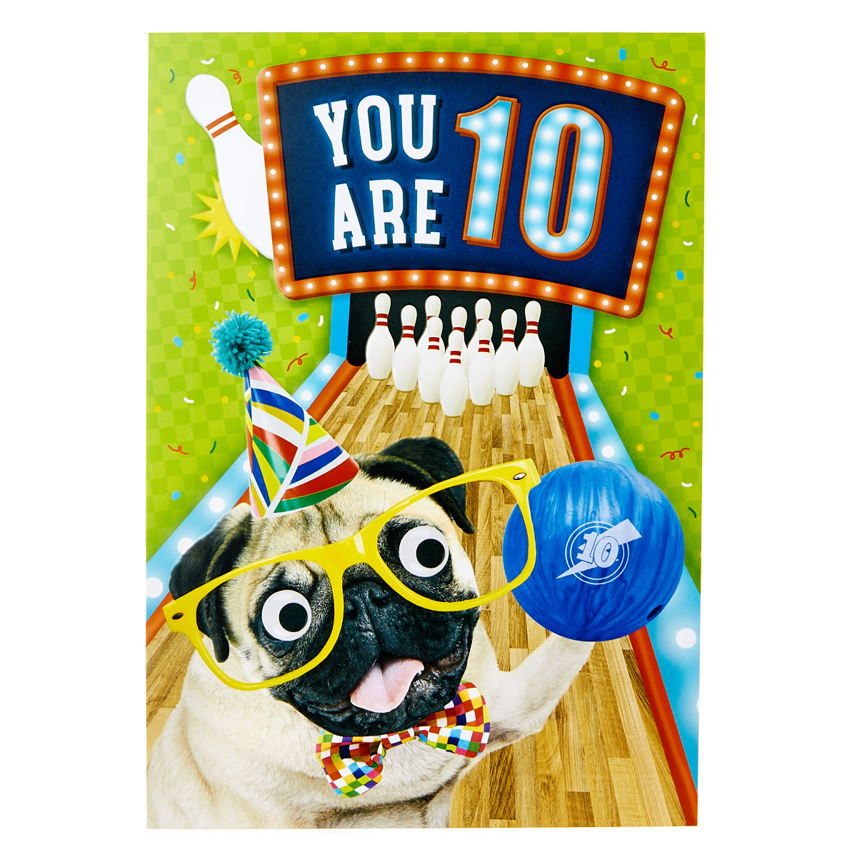 10th Birthday Card - Bowling Pug