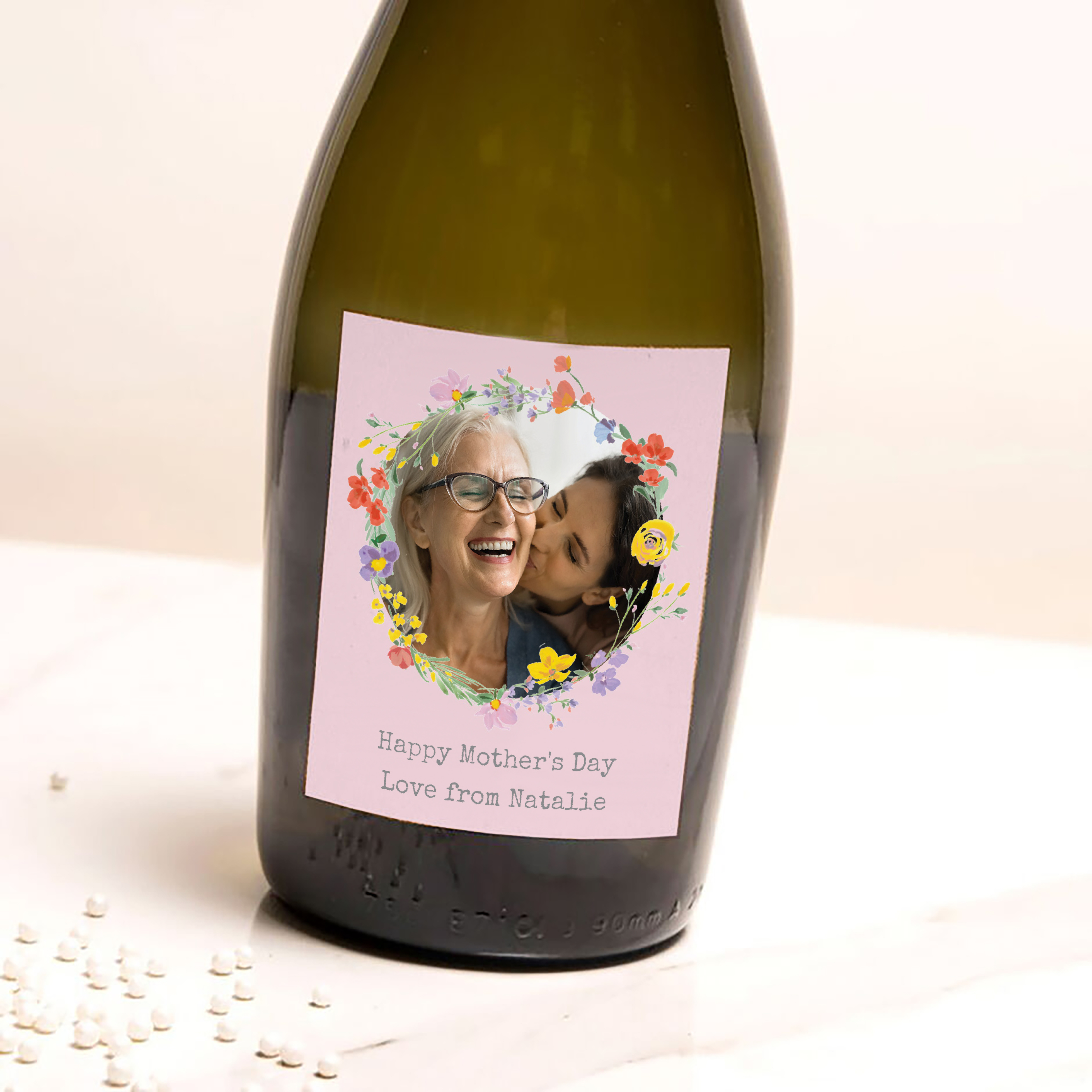 Personalised Prosecco - Photo Upload - Pink Circle of Flowers