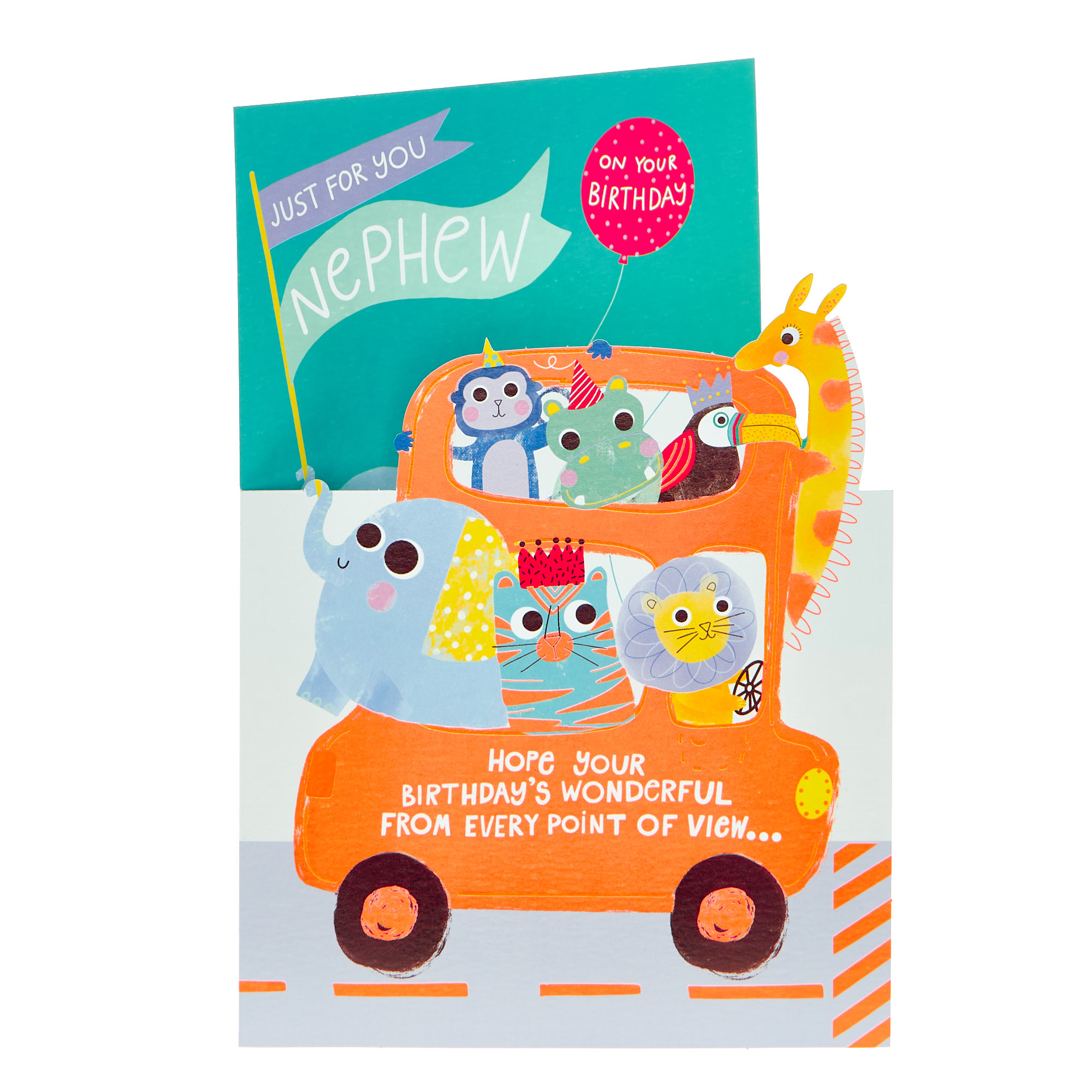Nephew Just For You Animal Car Birthday Card