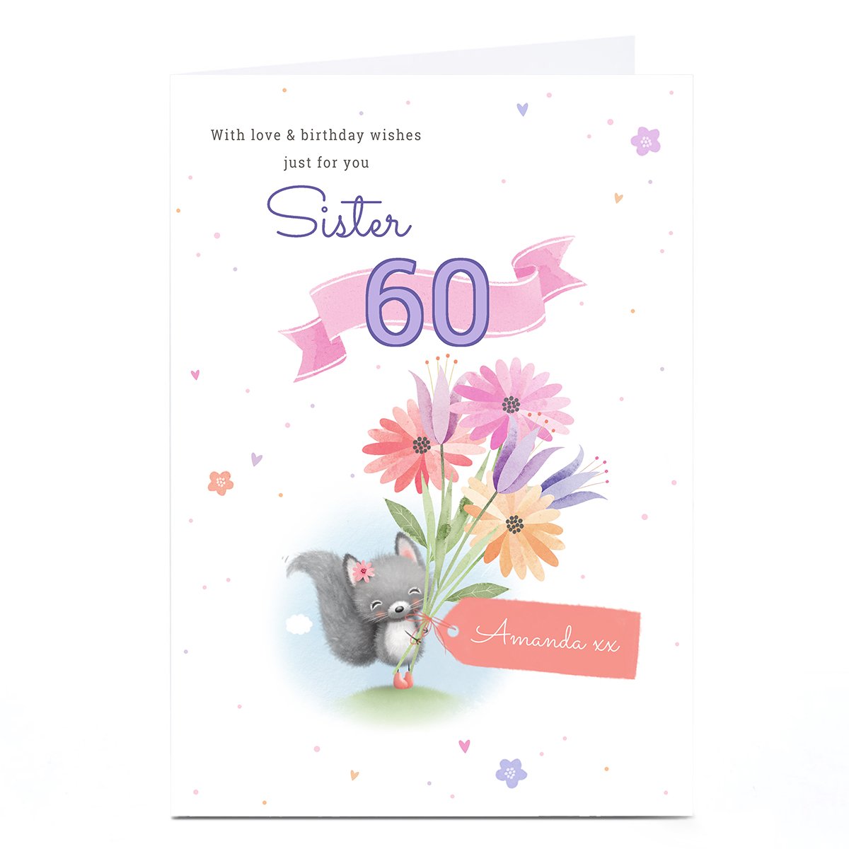 Personalised Birthday Card - Squirrel with Flowers Sister, Editable Age