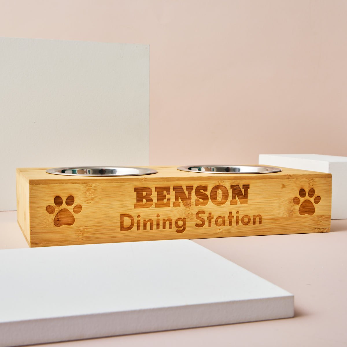 Personalised Engraved Double Pet Bowl - Paw Printed Dining Station