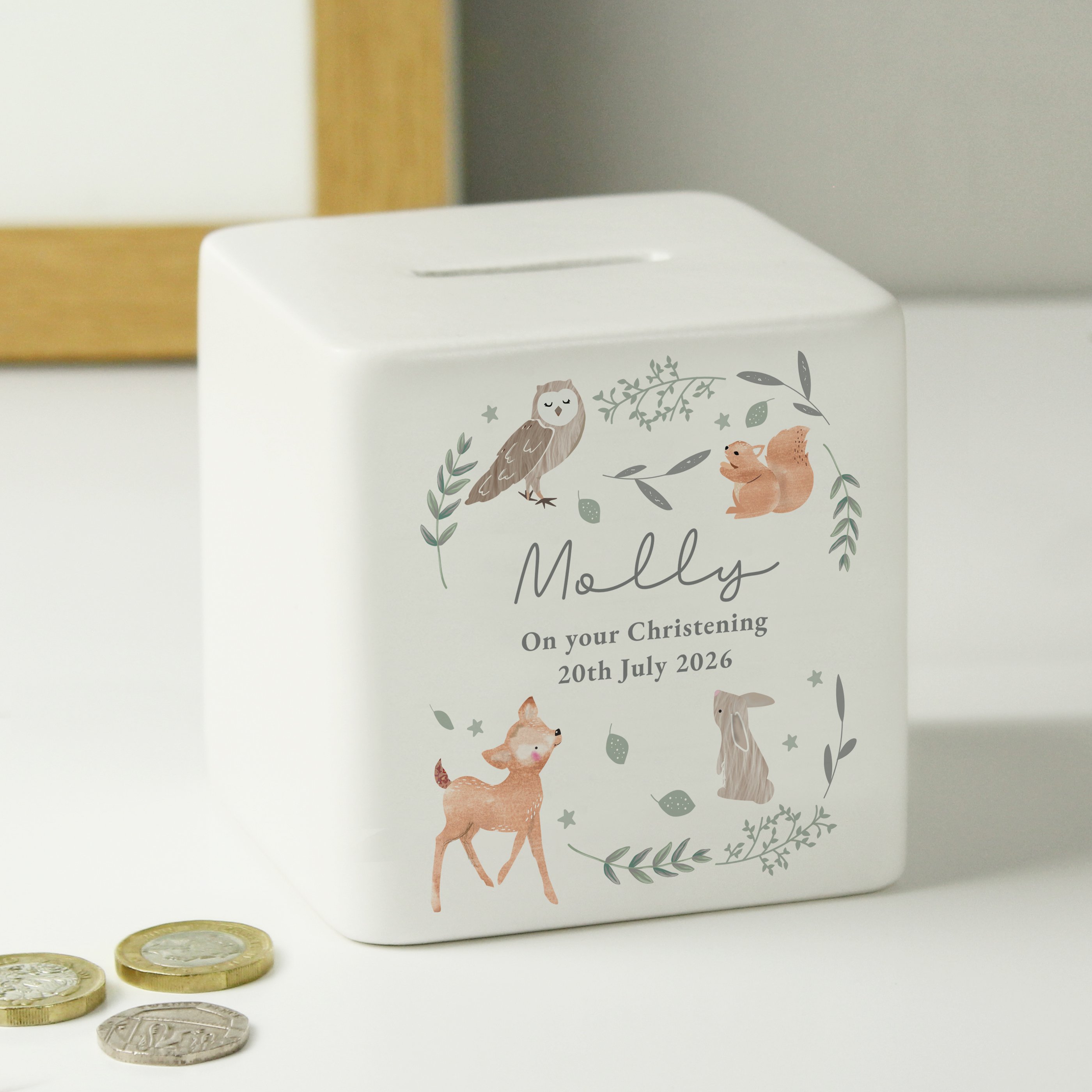 Personalised Woodland Animals Ceramic Square Money Box