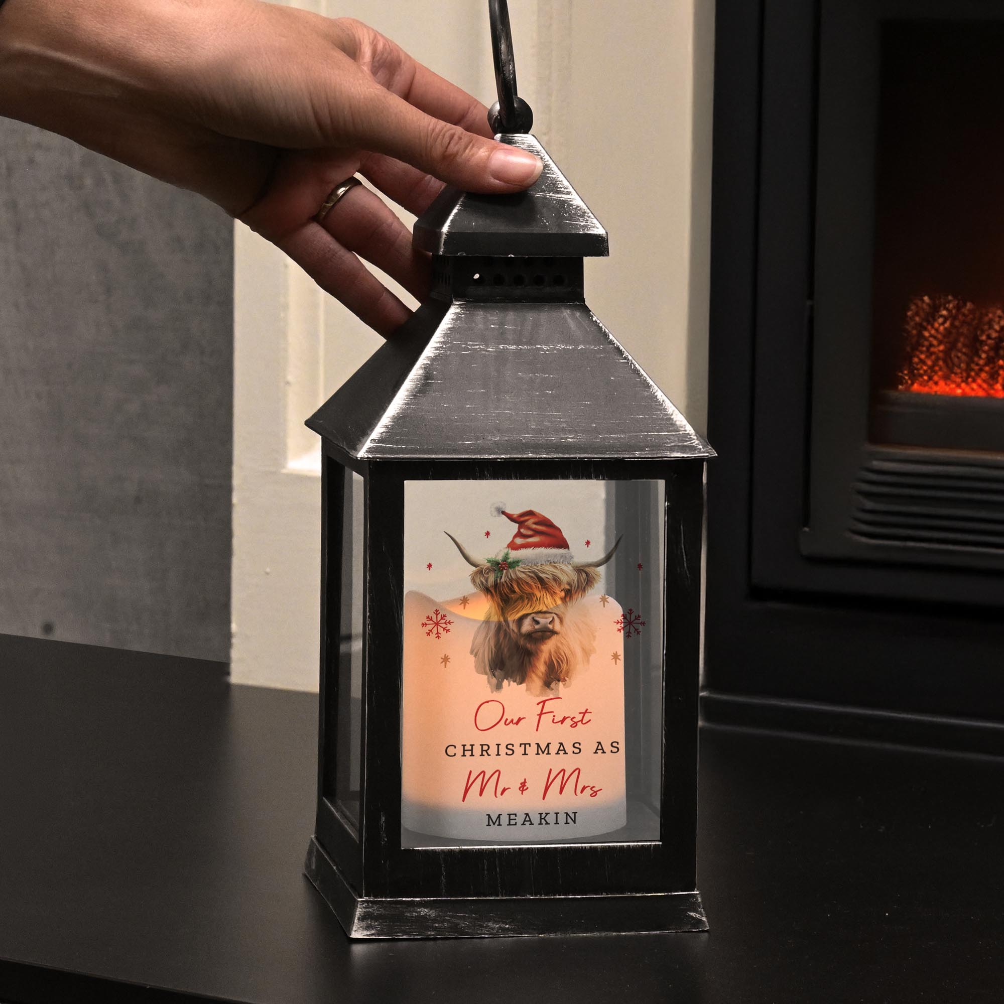 Personalised Highland Cow Christmas LED Lantern