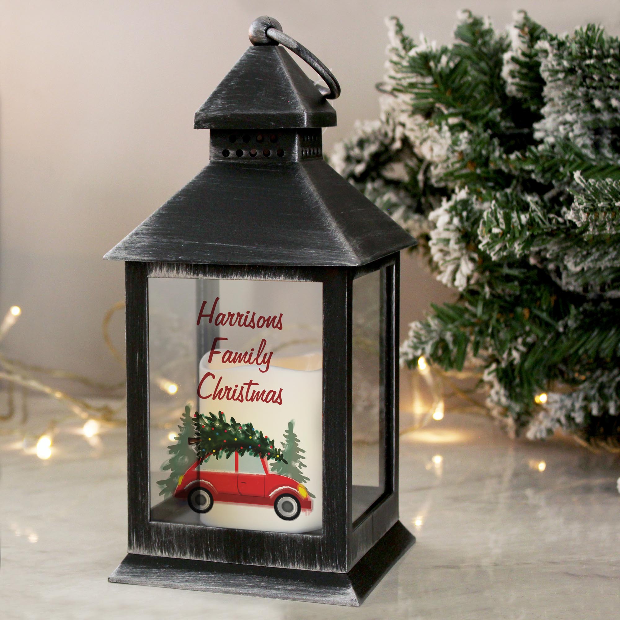 Personalised 'Driving Home For Christmas' Rustic Black Lantern,  Personalised 'Driving Home For Christmas' Rustic Black Lantern
