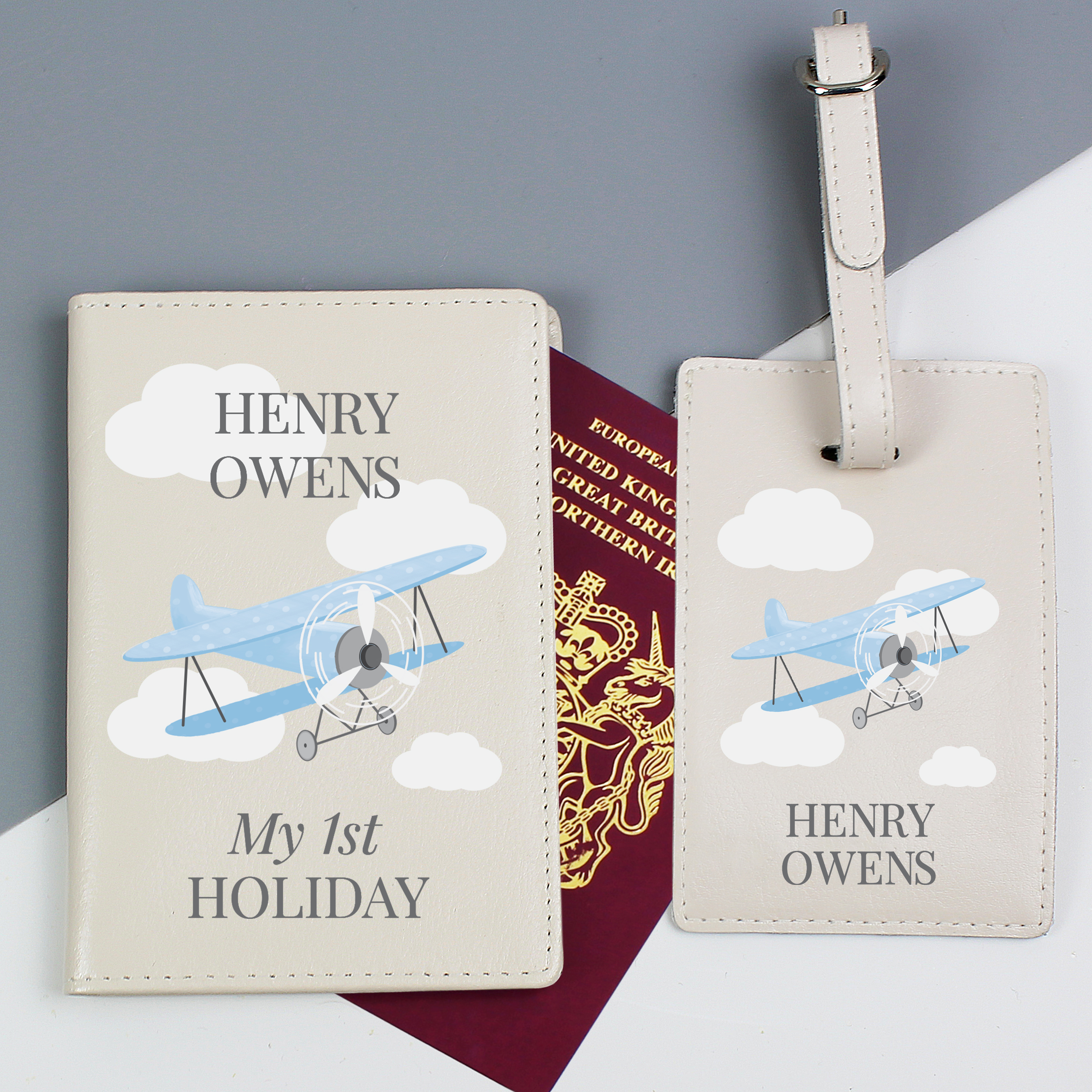 Image of Personalised Blue Plane Passport Holder &amp; Luggage Tag Set