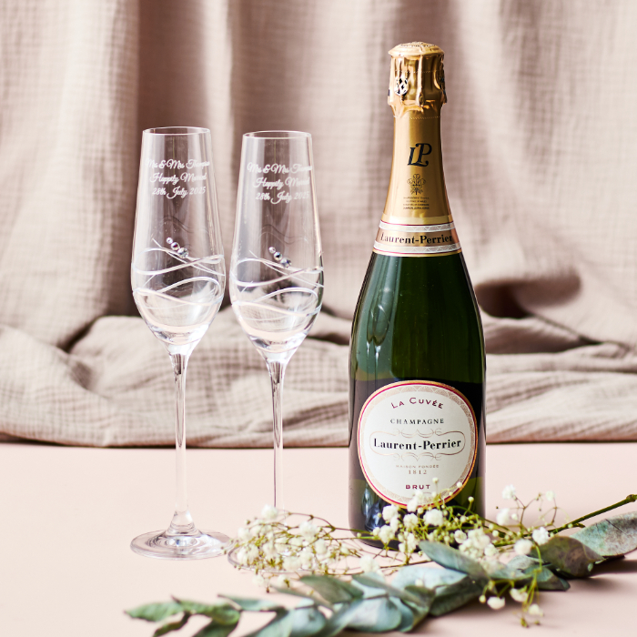 Engraved Set of 2 Crystal Champagne Flutes With Laurent Perrier Champagne - Wedding