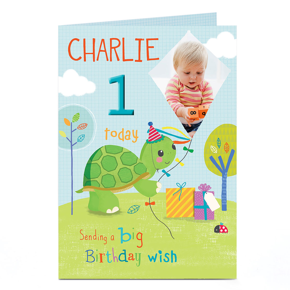 Photo Editable Age Birthday Card - Turtle With Kite