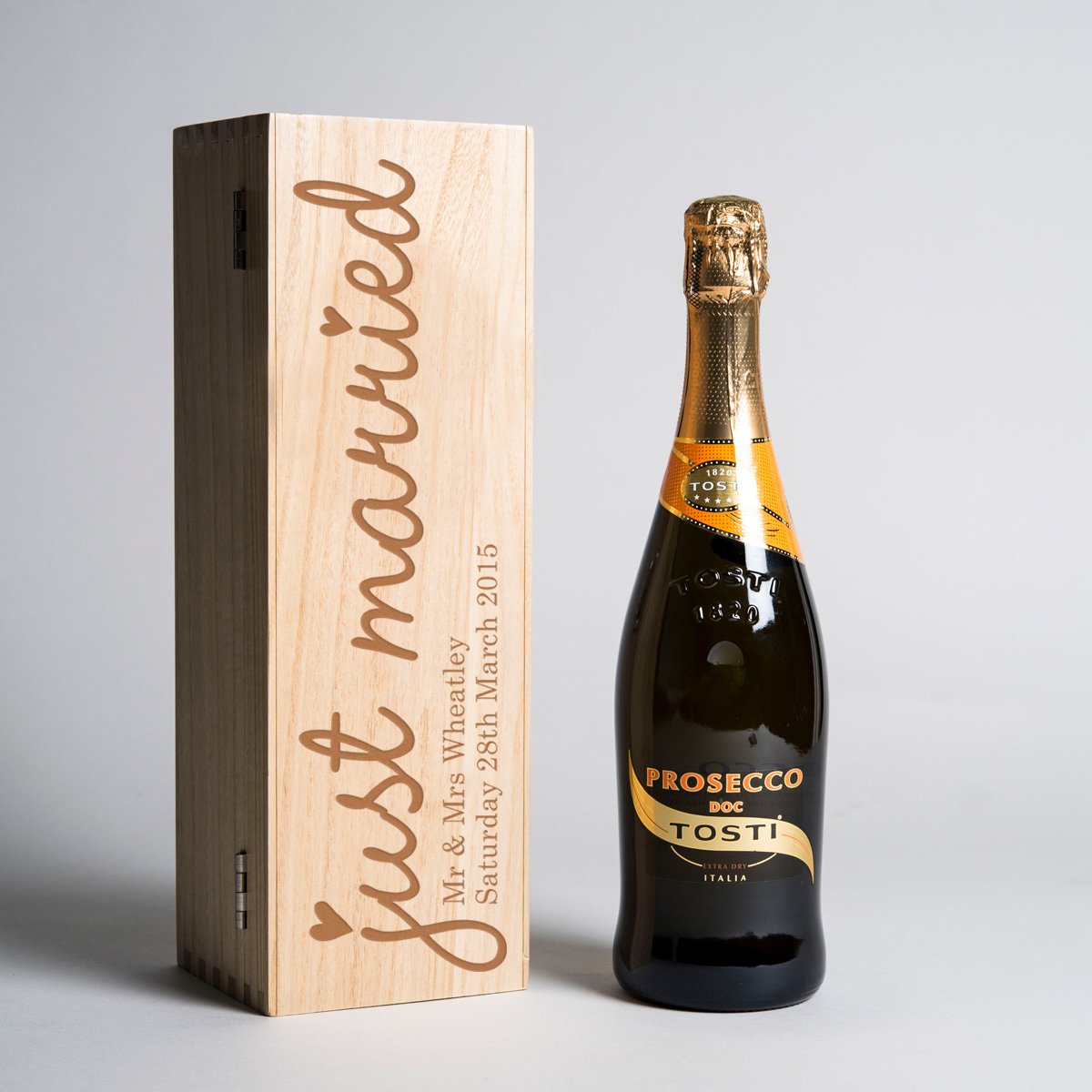 Engraved Wooden Box With Luxury Prosecco - Just Married