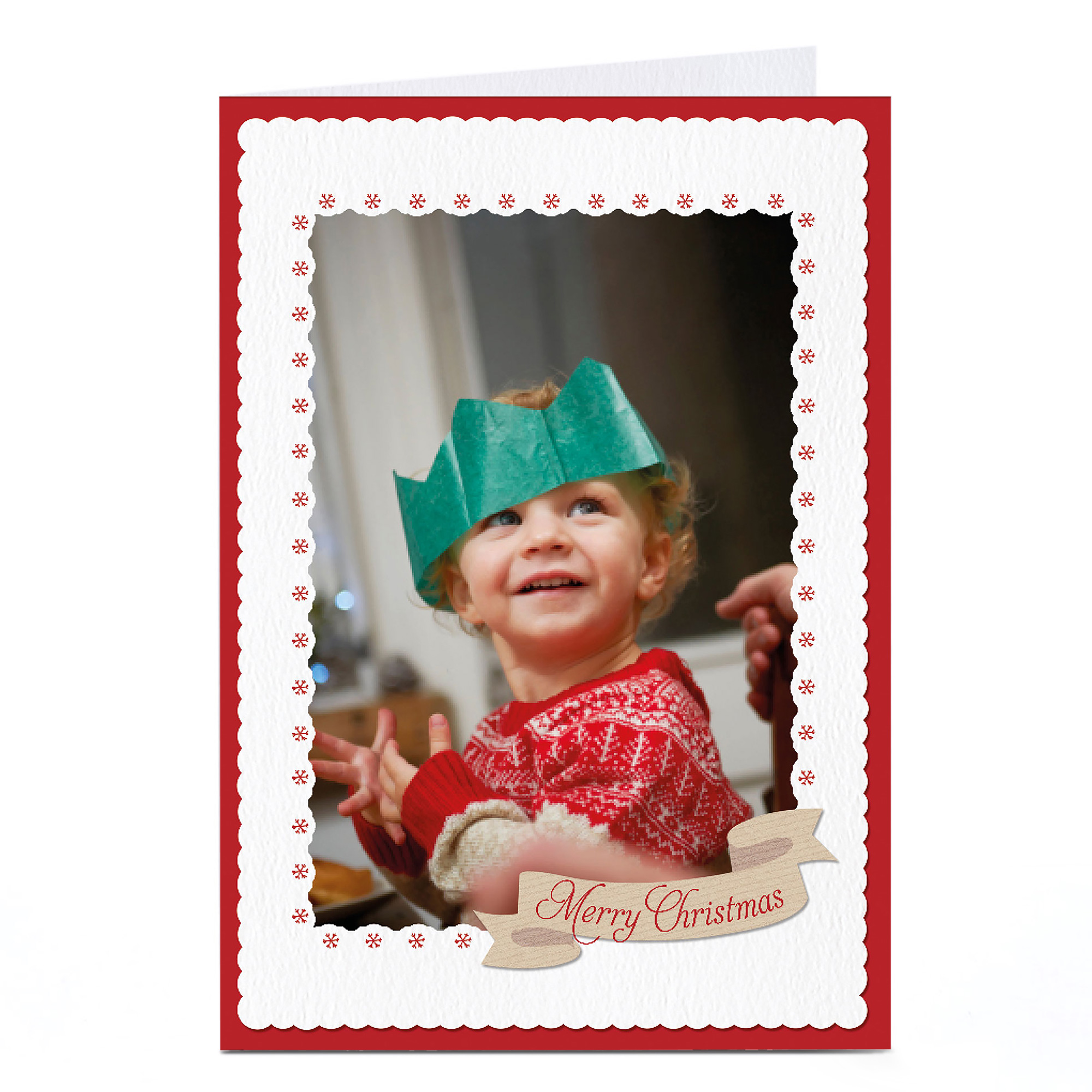 Photo Christmas Card - White And Red Snowflakes