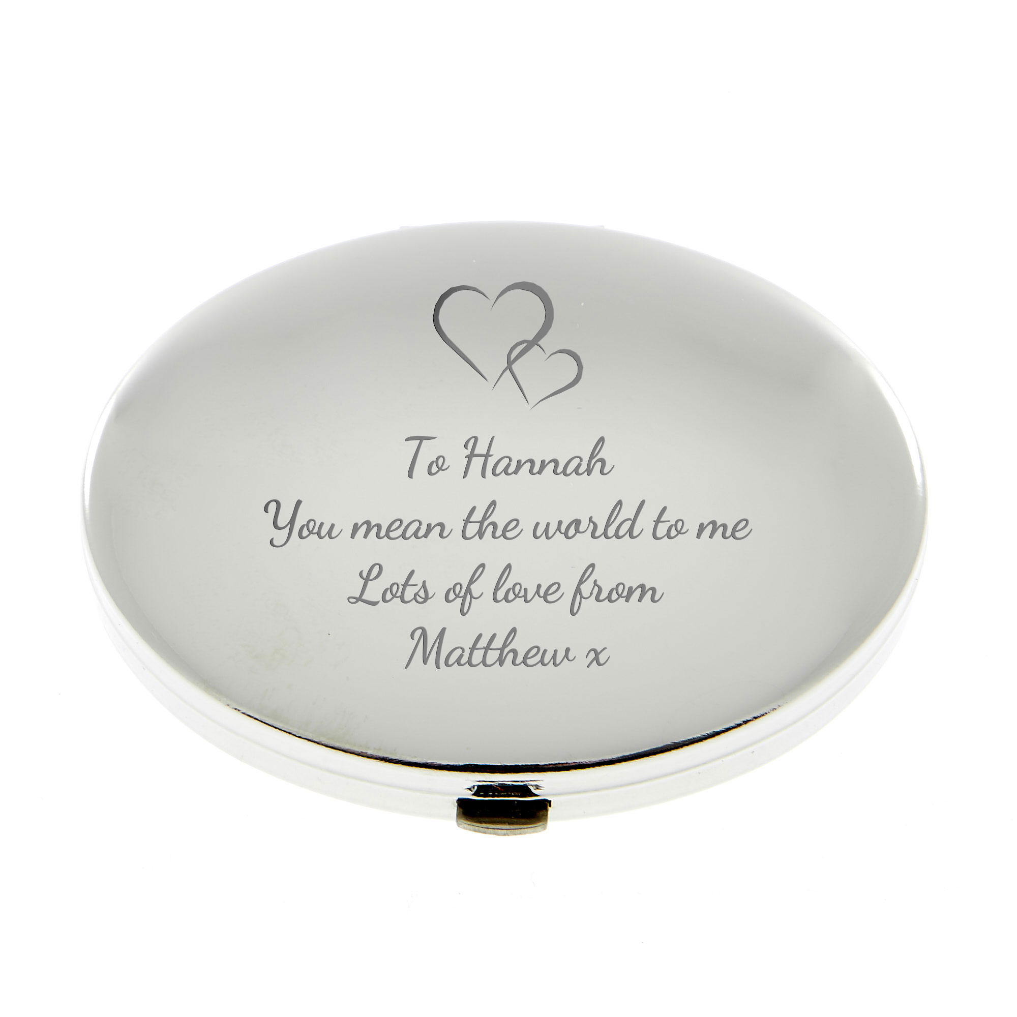 Personalised Engraved Silver Oval Compact Mirror With Hearts