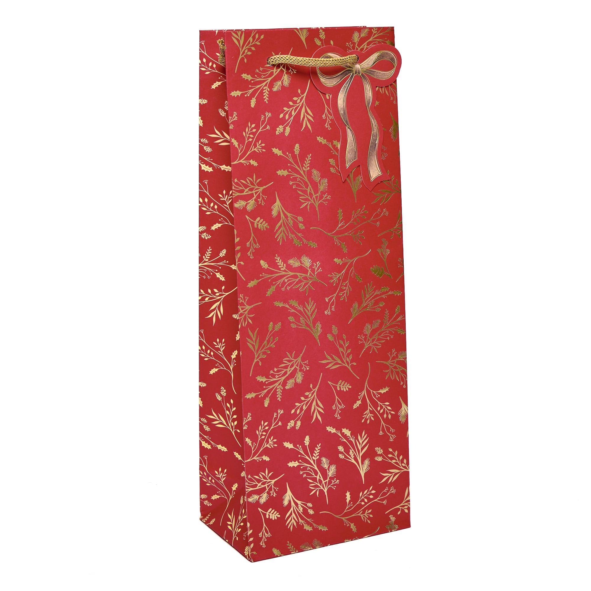 Red & Gold Foliage With Bow Christmas Bottle Gift Bag