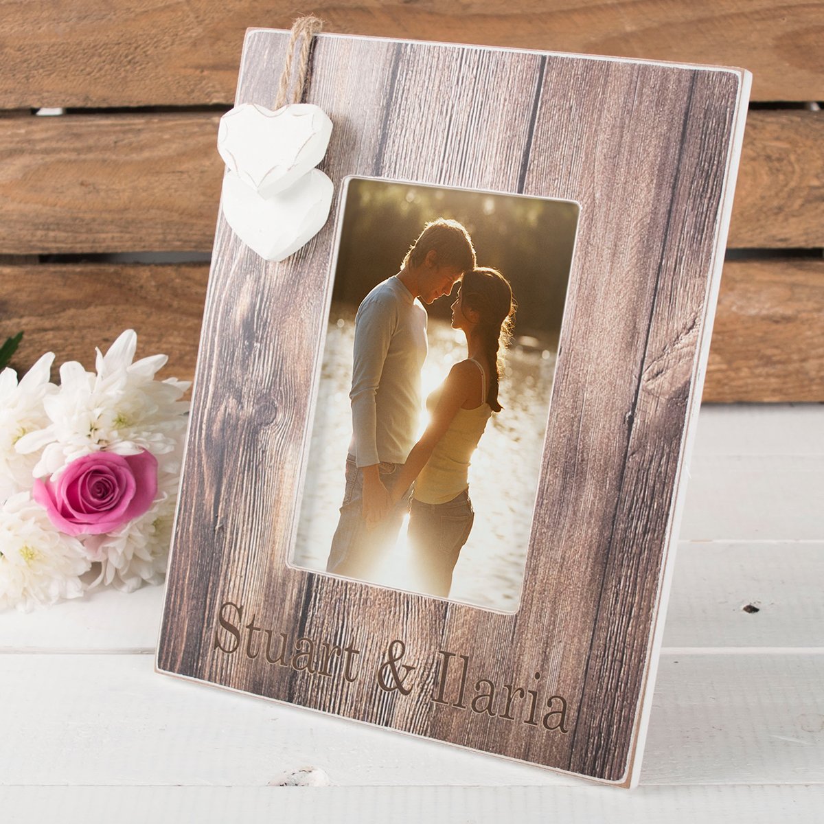 Personalised Engraved Distressed Wood Photo Frame - Names