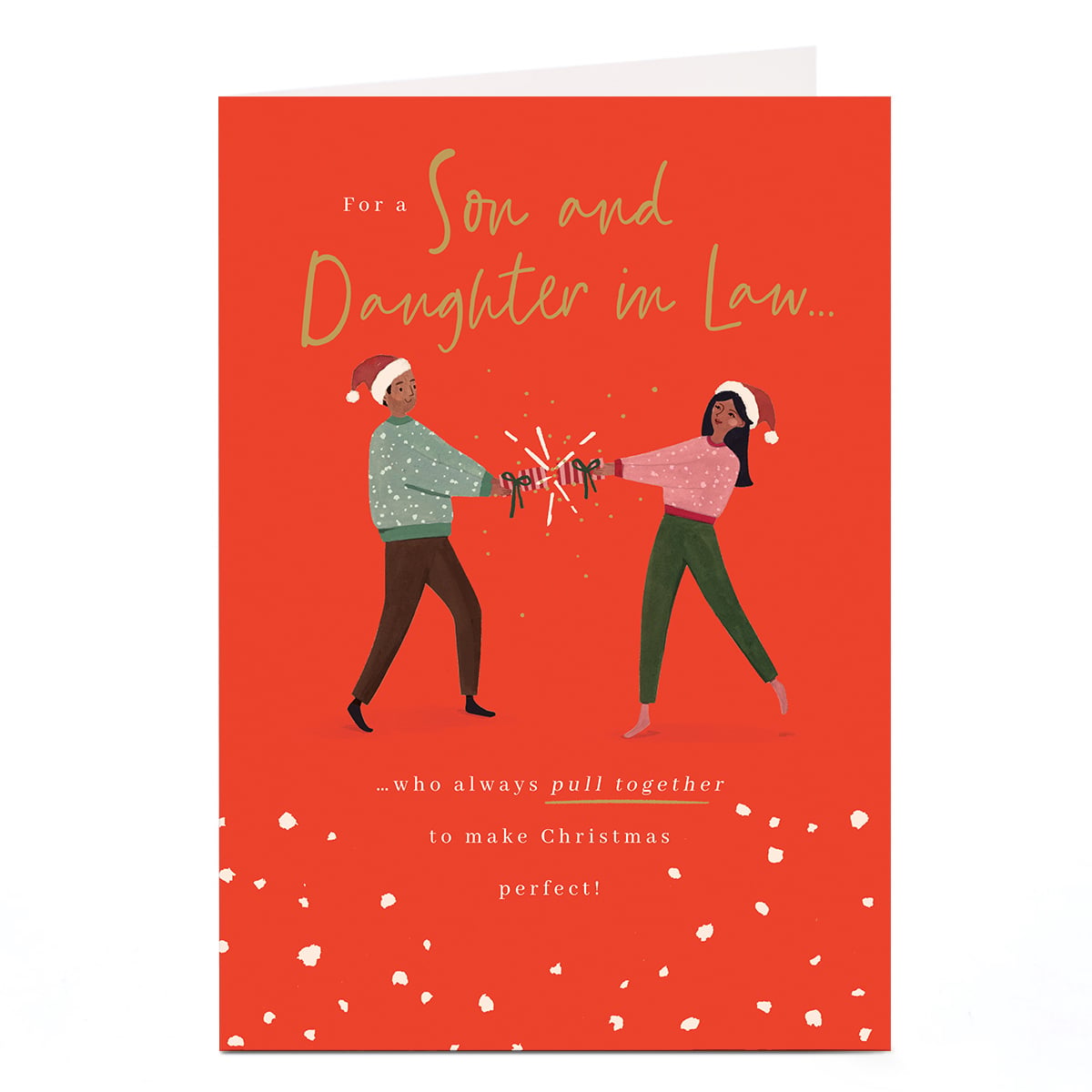 Christmas Card - Pulling Cracker, Son and Daughter In Law