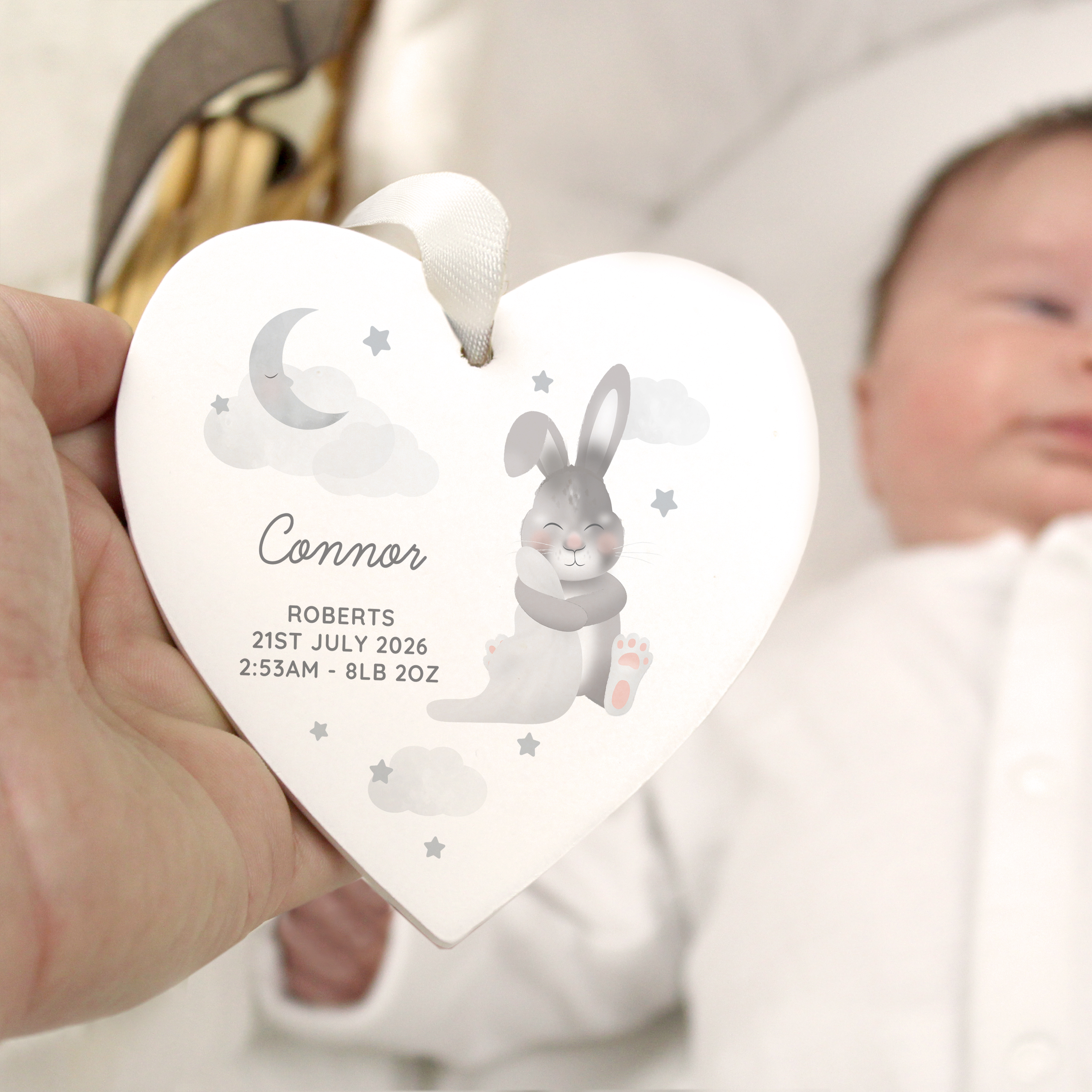 Personalised Baby Bunny Wooden Heart Decoration