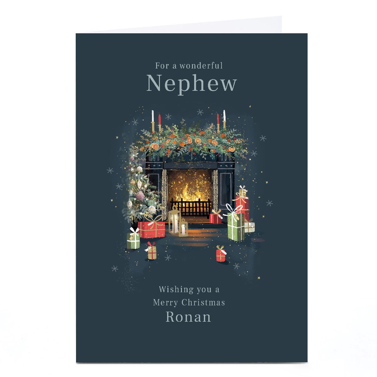 Personalised Christmas Card - Fire Place with Gifts and Christmas Decs.