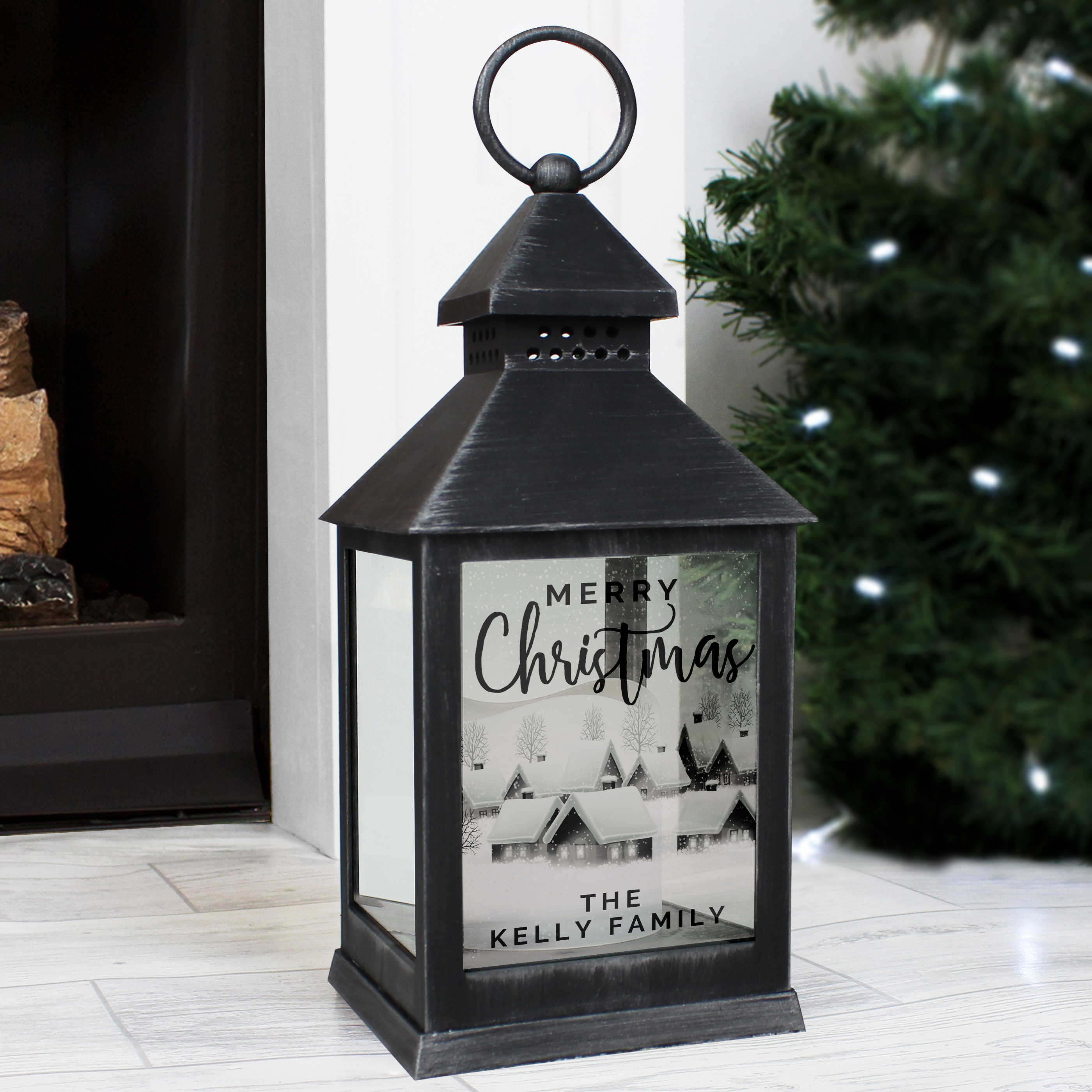 Personalised Town Christmas Rustic Black Lantern