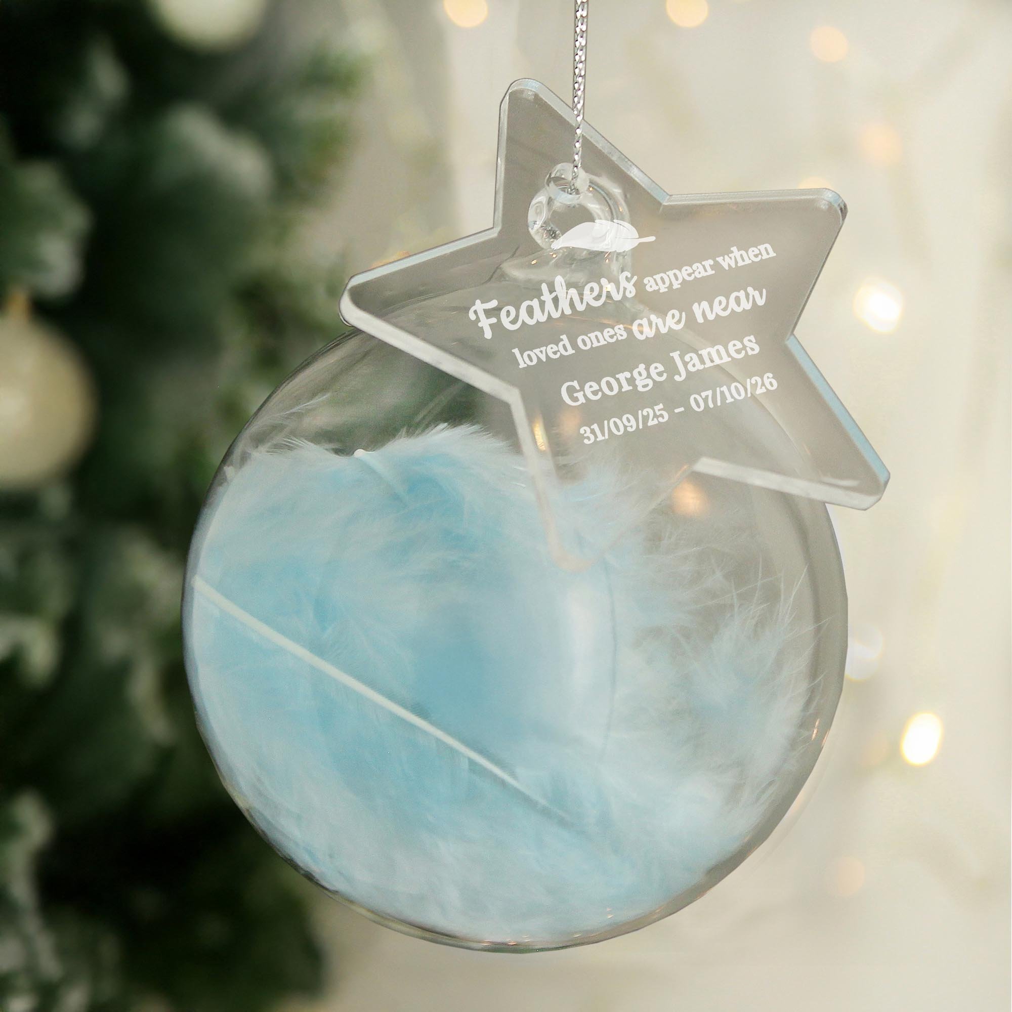 Personalised Blue Memorial Feather Bauble
