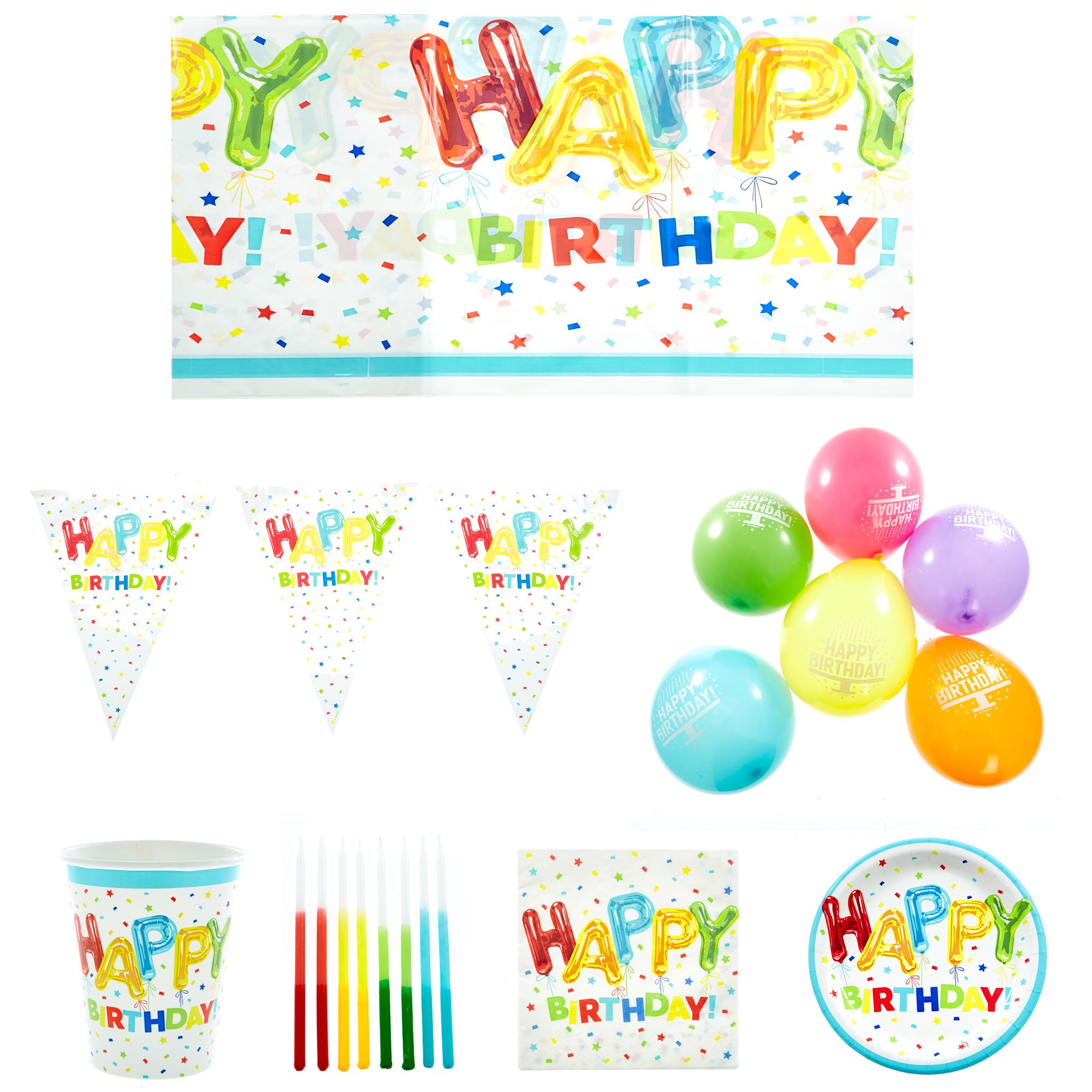 Happy Birthday Balloons Party Tableware & Decorations Bundle - 8 Guests