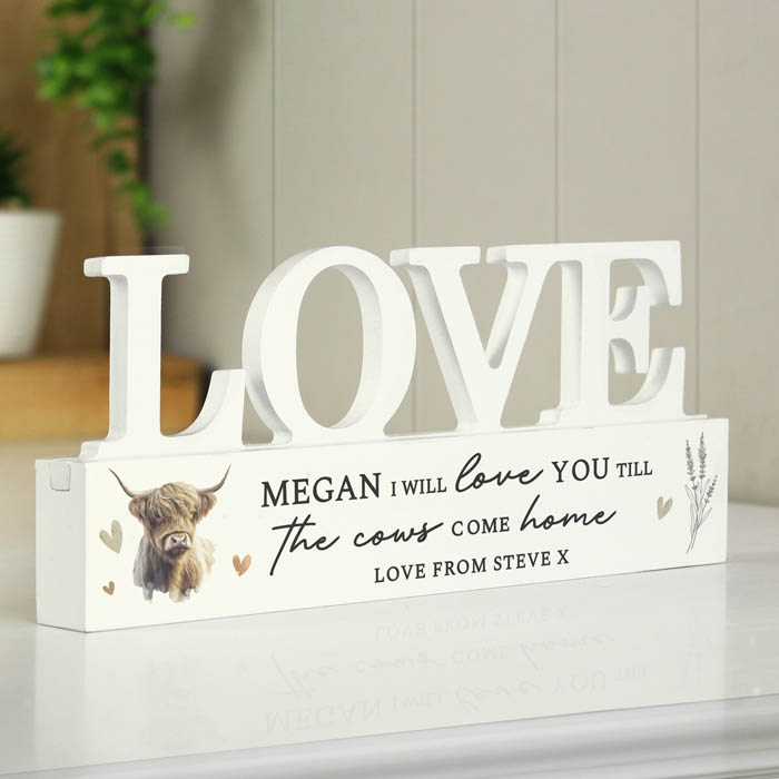 Image of Personalised Highland Cow LOVE Wooden Ornament