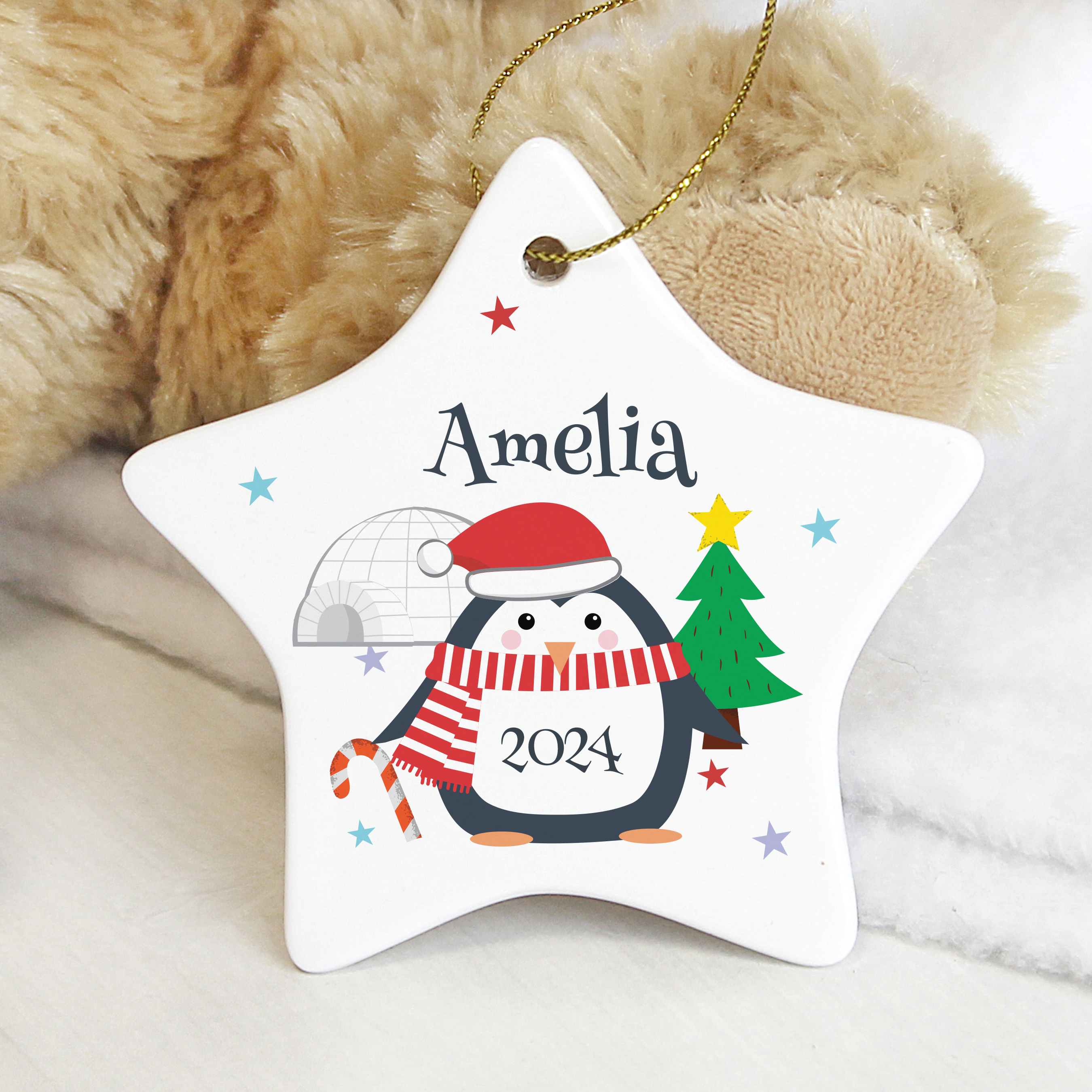 Personalised Christmas Penguin Ceramic Star Decoration