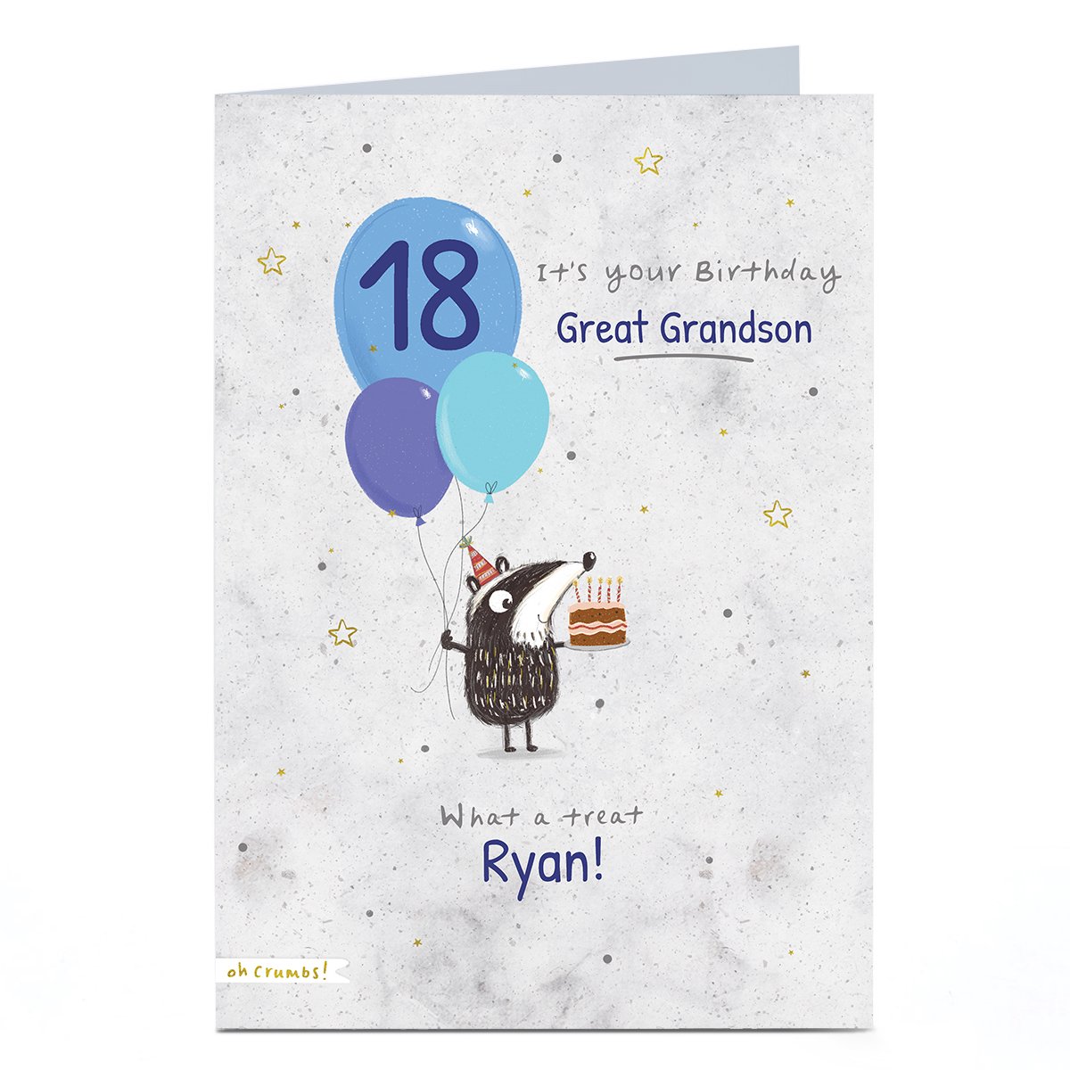 Personalised Birthday Card - Great Grandson Badger With Balloons, Editable Age